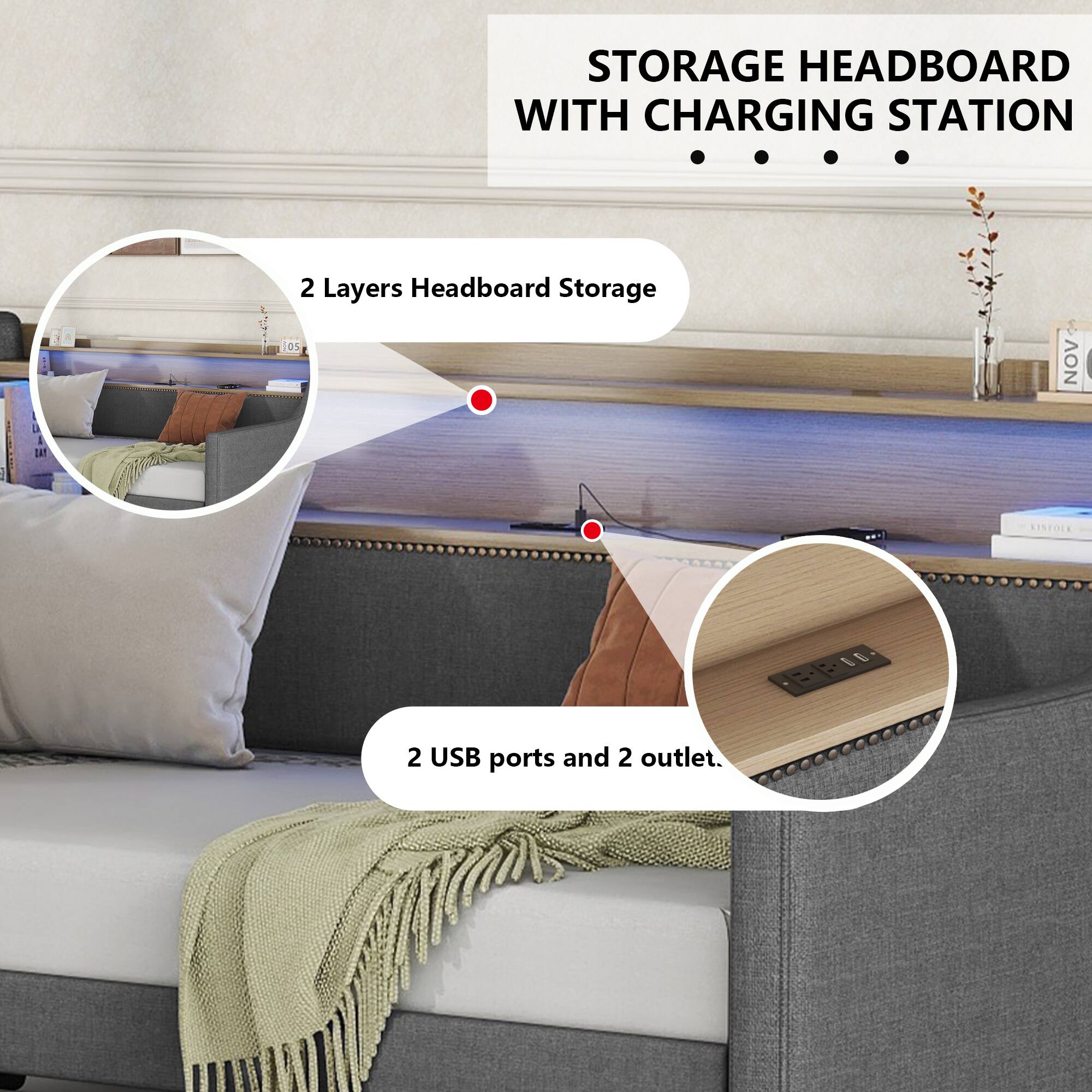 STORAGE HEADBOARD WITH CHARGING STATION

2 Layers Headboard Storage

2 USB ports and 2 outlet.