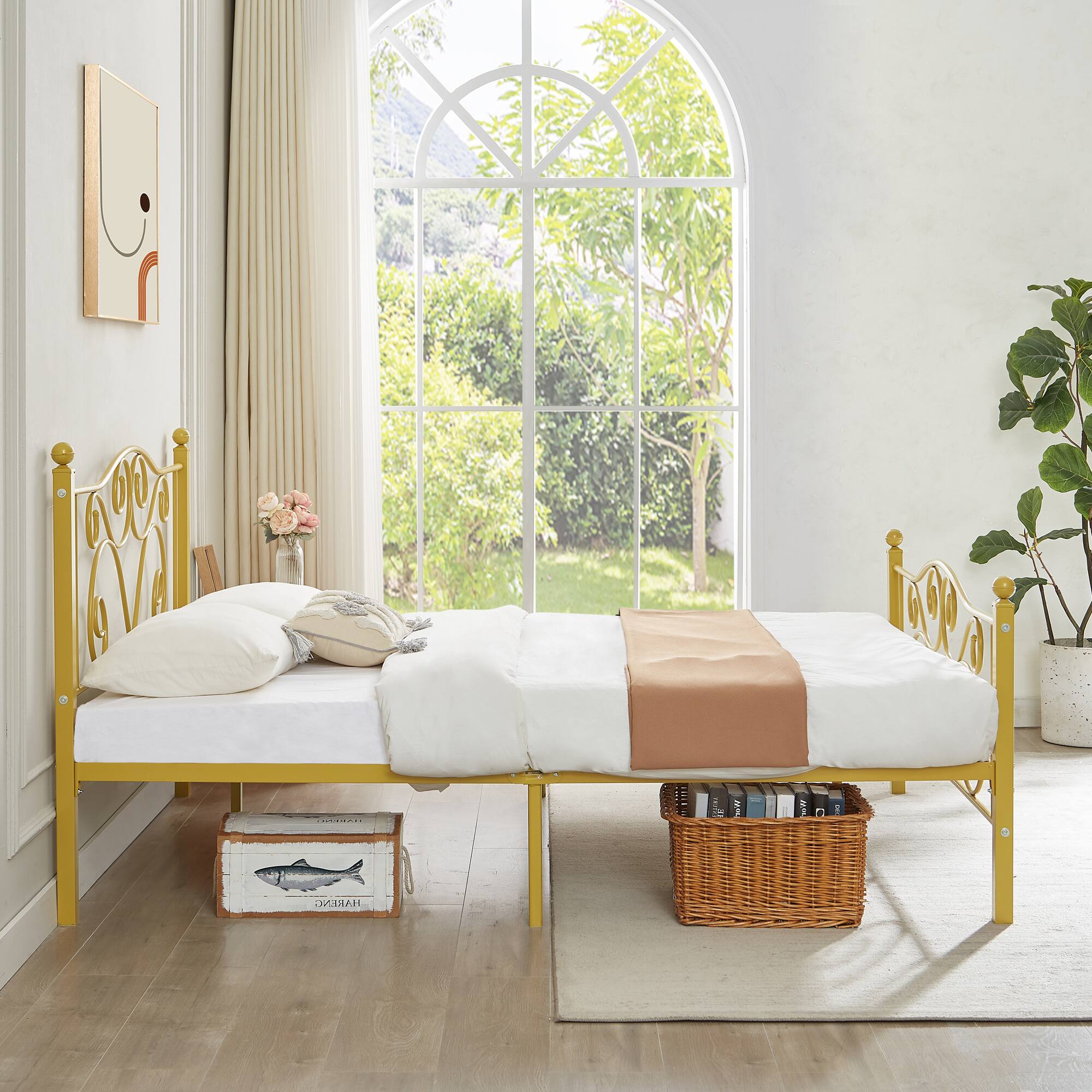 Alt View 4. Vecelo - Queen Bed Frame with Headboard & Footboard, Heavy Duty Steel Slats - No Box Spring, Easy Assembly, Gold - Gold.