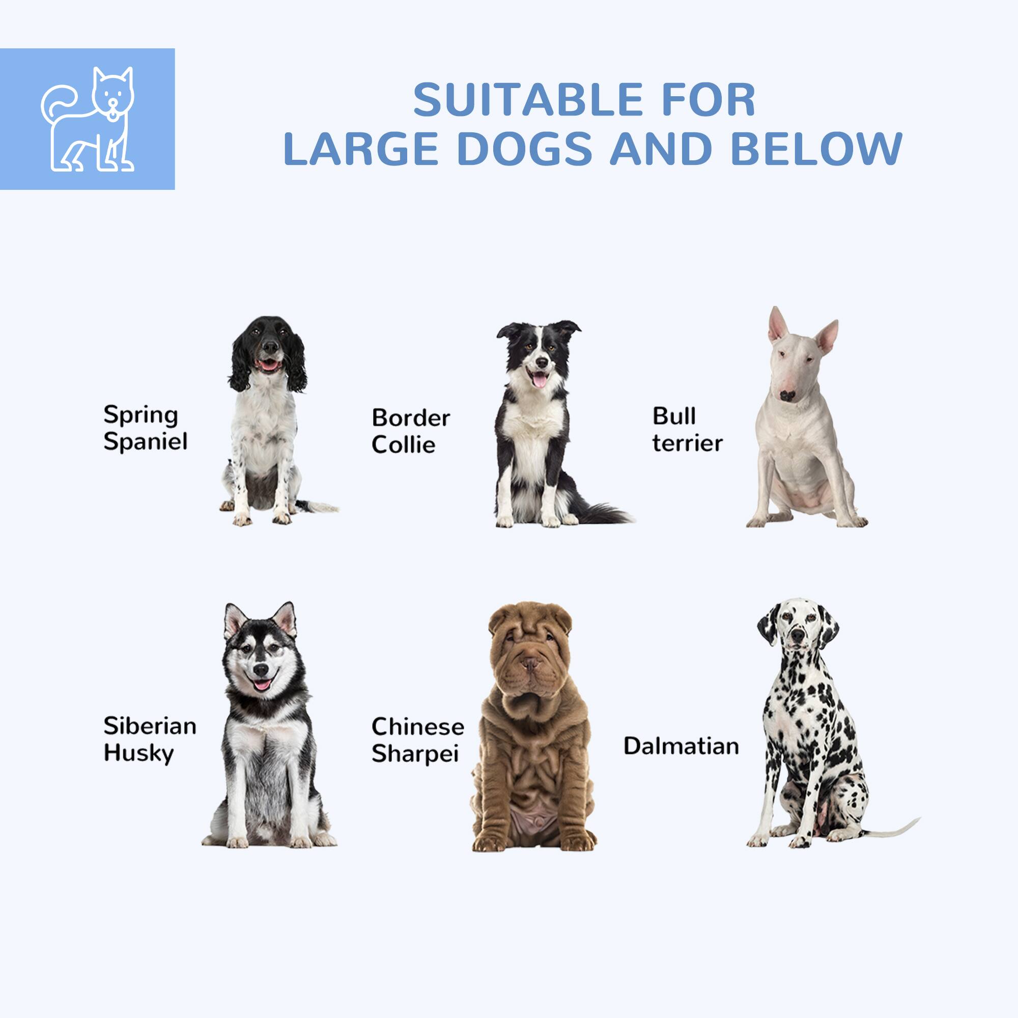 SUITABLE FOR LARGE DOGS AND BELOW

- Spring Spaniel
- Border Collie
- Bull Terrier
- Siberian Husky
- Chinese Sharpei
- Dalmatian