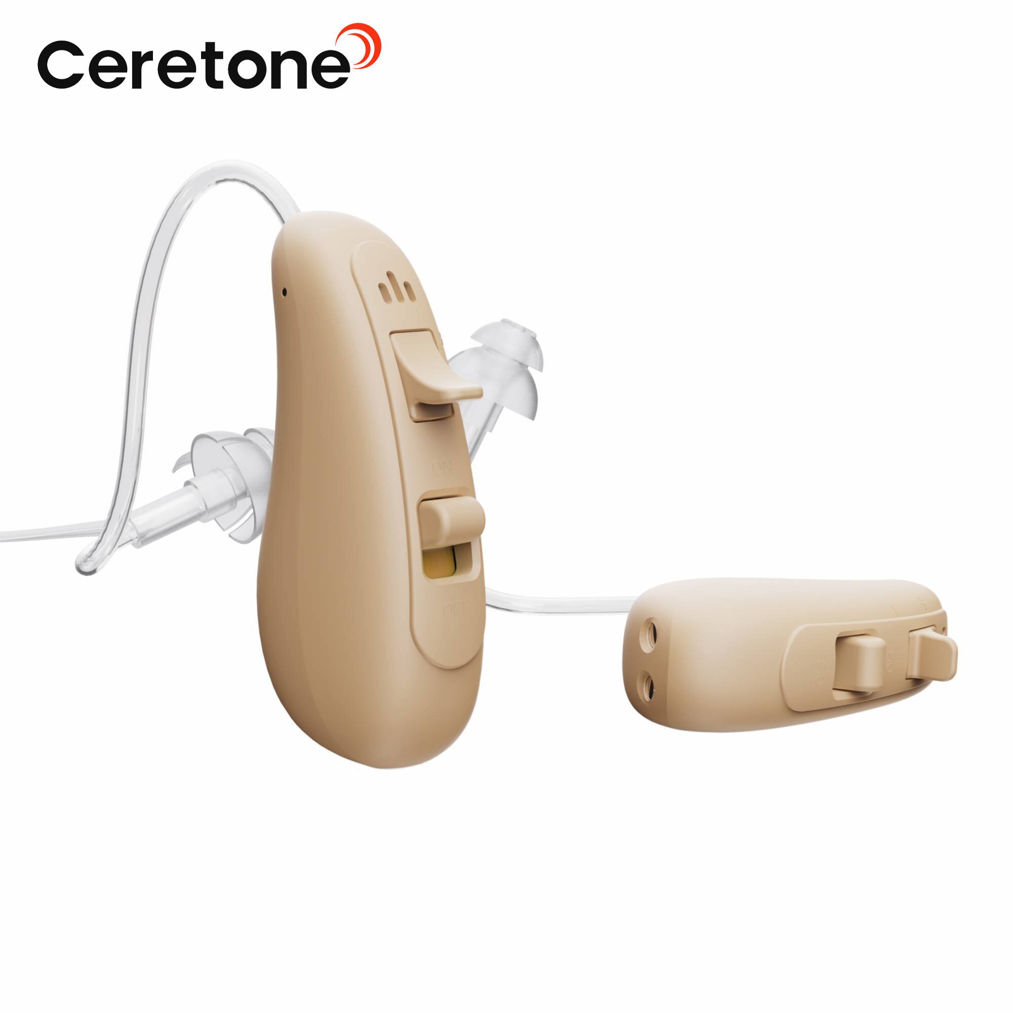 Left. Ceretone - Solid Rechargeable OTC Hearing Aids - Natural Sound, Noise Reduction, Comfortable BTE Fit, Portable Charging Case - Beige.