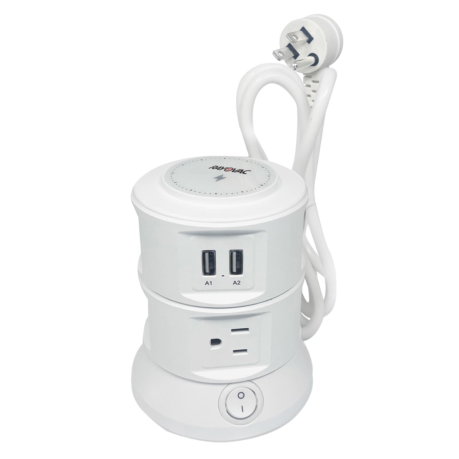 Rayovac - 6-Outlet 540J Surge Protector Tower with Wireless Charging, 2 USB-A, 2 USB-C Ports, 5 ft Cord - White