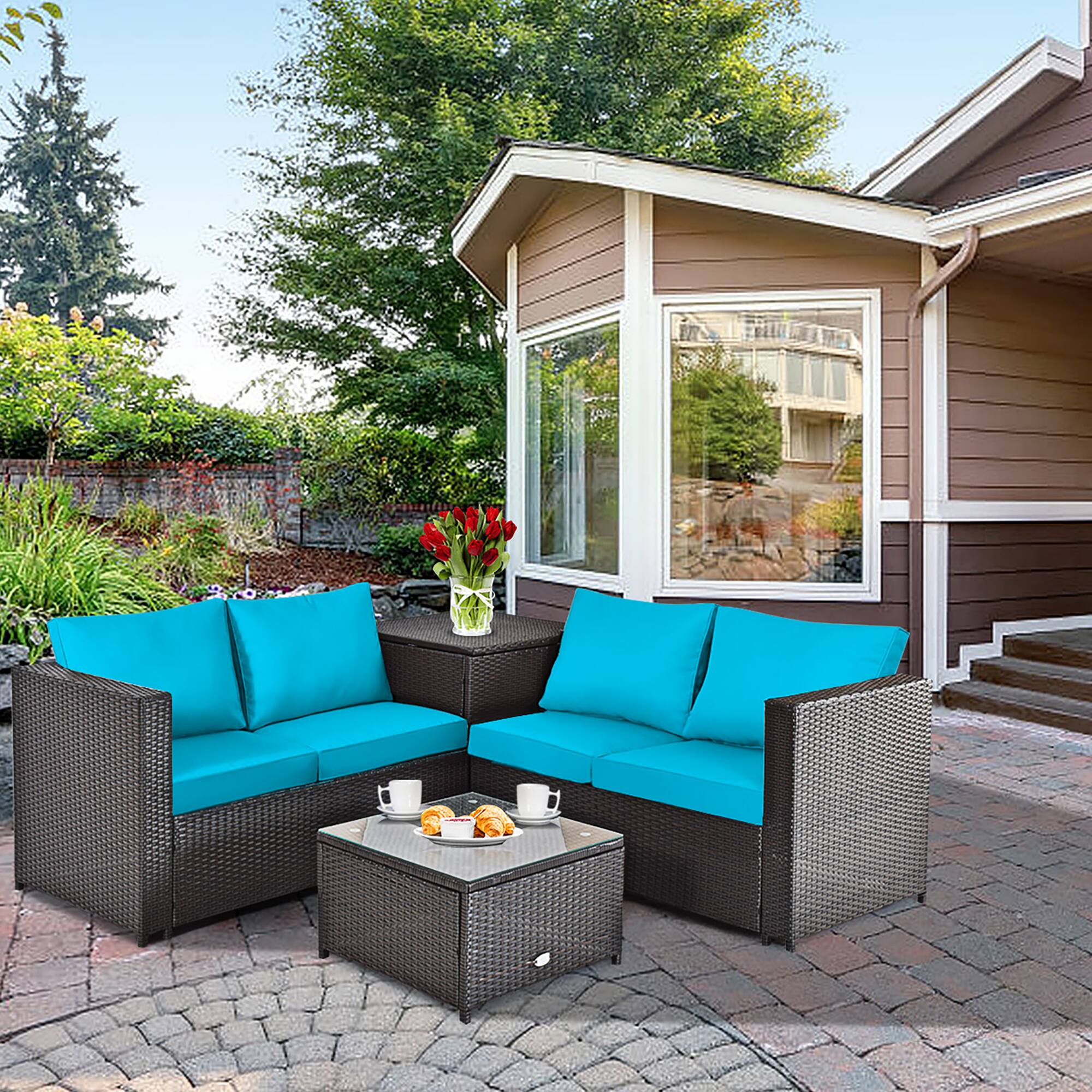 Costway - 4PCS Outdoor Patio Rattan Furniture Set Cushion Loveseat Storage Table - Blue