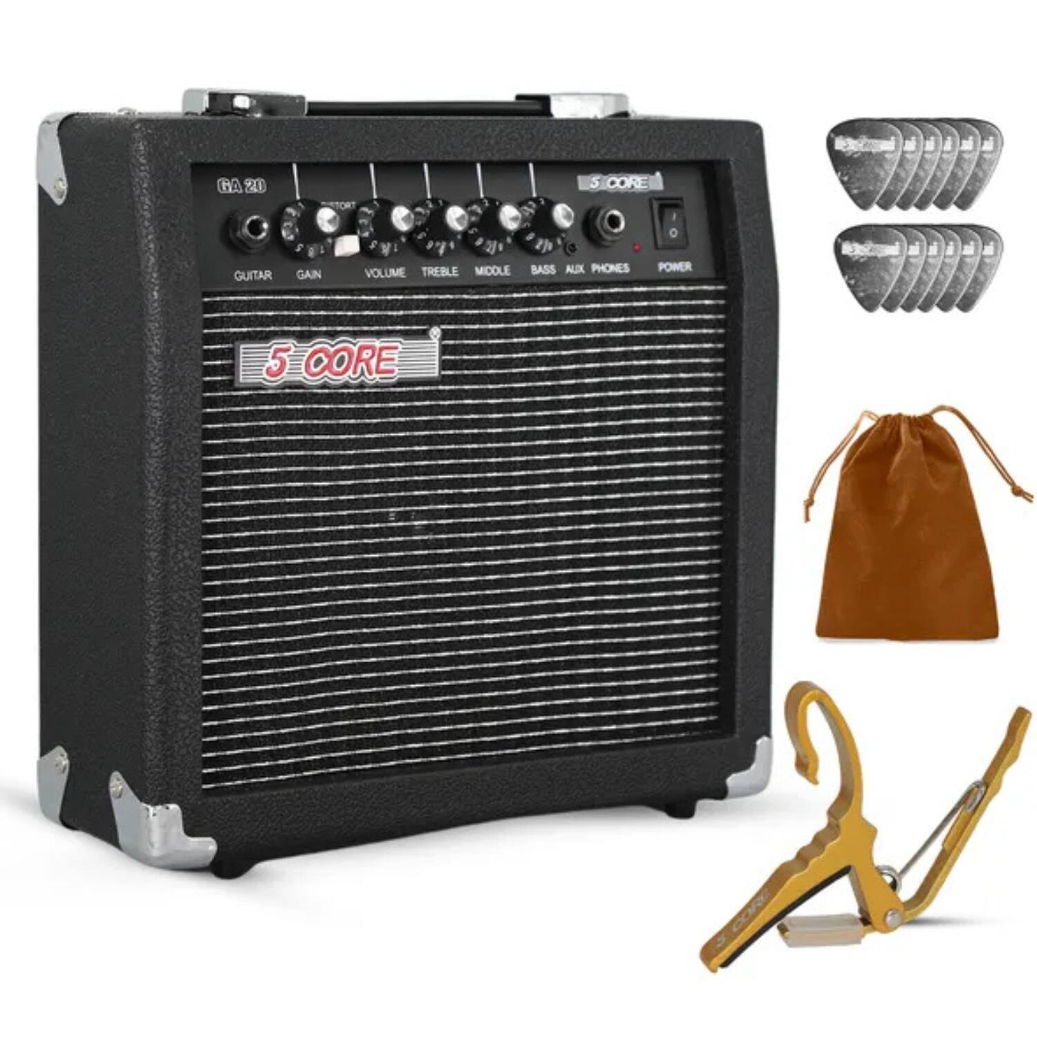 5 CORE

HA 20

GUITAR GAIN VOLUME TREBLE MIDDLE BASS AUX PHONES POWER

5 CORE