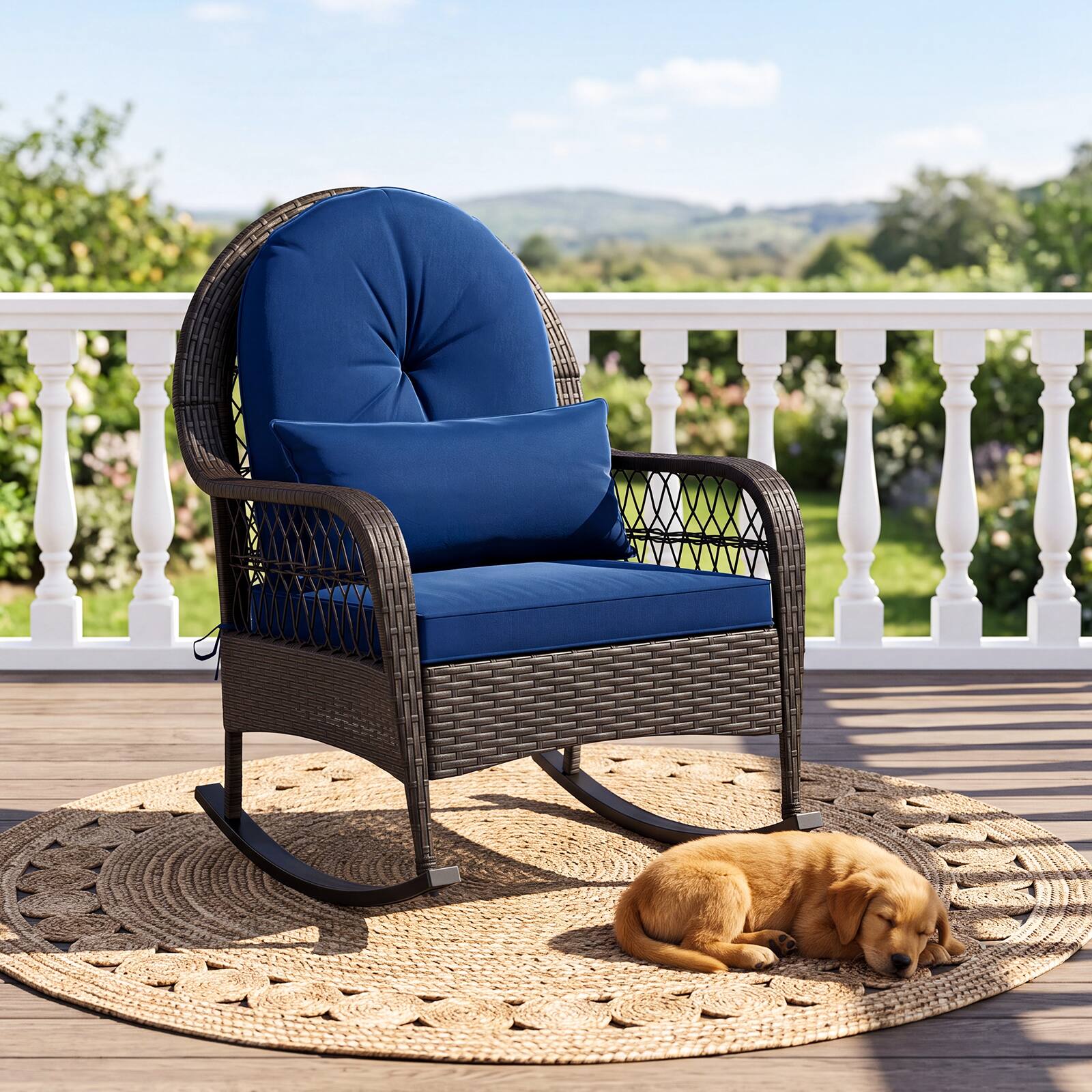 Alt View 3. Gymax - Gymax Outdoor Wicker Rocking Chair 400 LBS Patio Rattan Rocker Chair w/Thick Cushions Mix Brown & Navy Blue - Blue.