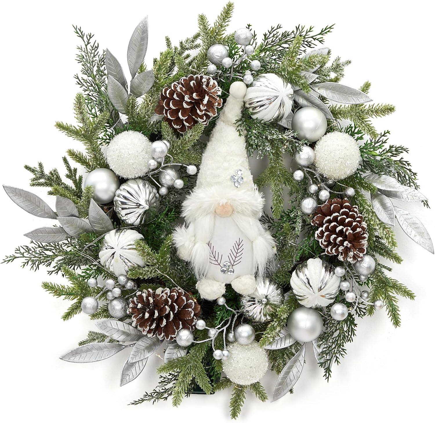 Front. GARVEE - 22" Christmas Wreath with Lights, Lighted Silver White Christmas Wreath for Front Door Wall Window Fireplace - Green.