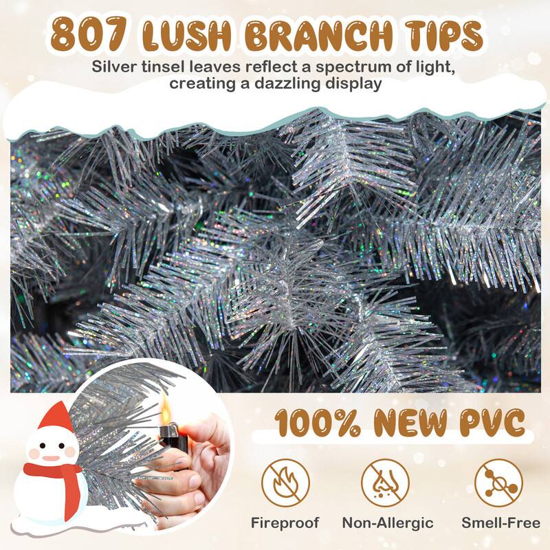 807 LUSH BRANCH TIPS  
Silver tinsel leaves reflect a spectrum of light, creating a dazzling display

100% NEW PVC

Fireproof  
Non-Allergic  
Smell-Free