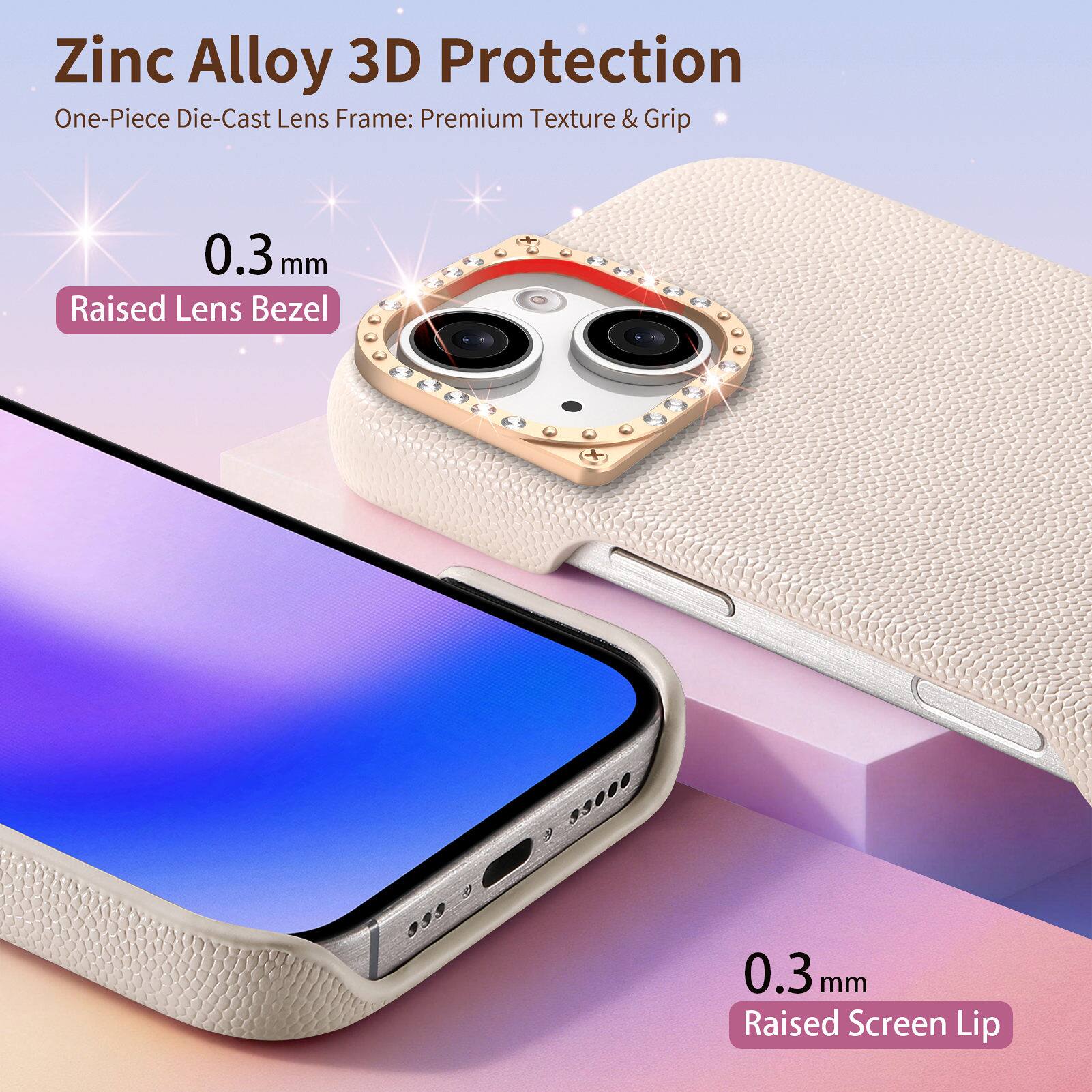 Zinc Alloy 3D Protection  
One-Piece Die-Cast Lens Frame: Premium Texture & Grip  
0.3 mm Raised Lens Bezel  
0.3 mm Raised Screen Lip