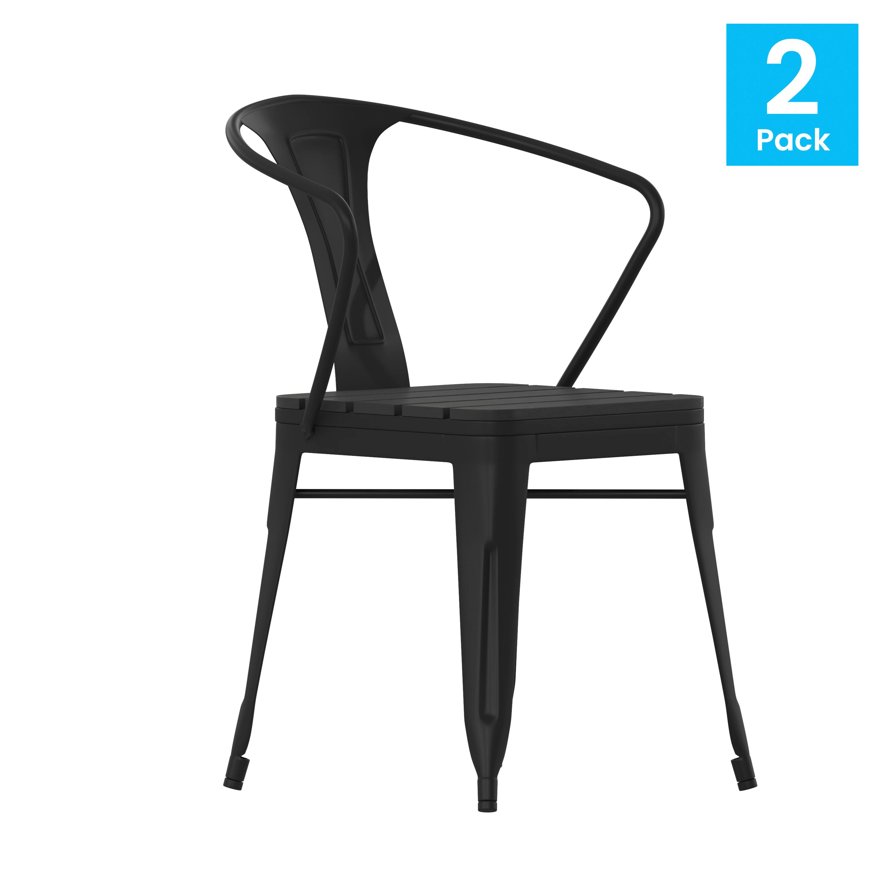 Alt View 1. Emma + Oliver - All-Weather Metal Stack Chair with Arms and Polyresin Seat and Back - Black.