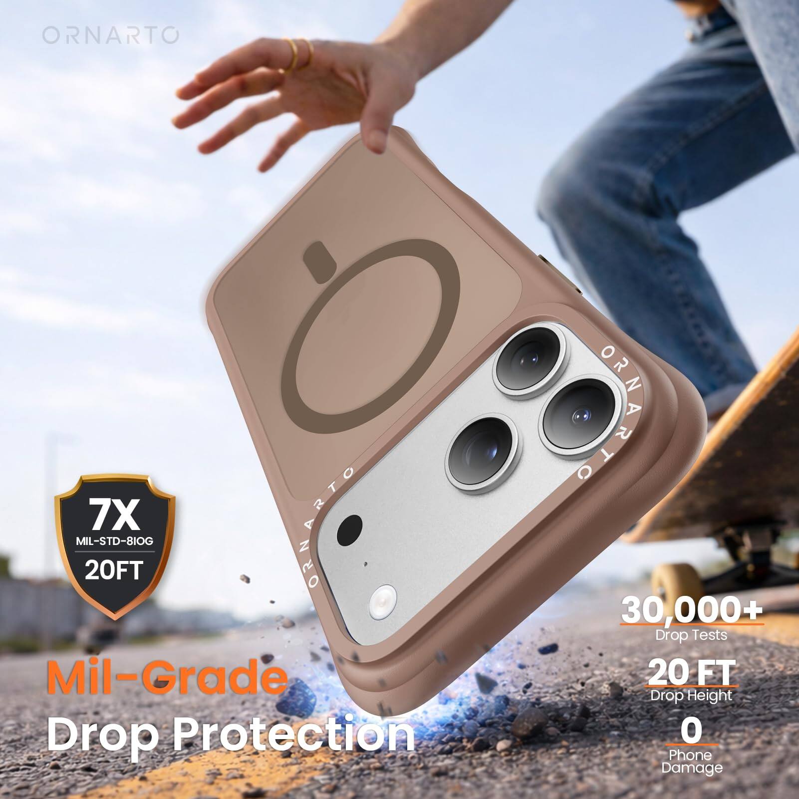 ORNARTO  
7X  
MIL-STD-810G  
20FT  
Mil-Grade Drop Protection  
30,000+ Drop Tests  
20 FT Drop Height  
0 Phone Damage