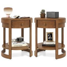 Gymax - 2Pcs Round End Table 2-tier Mid Century Modern Nightstand w/ Drawer & Shelf - Brown