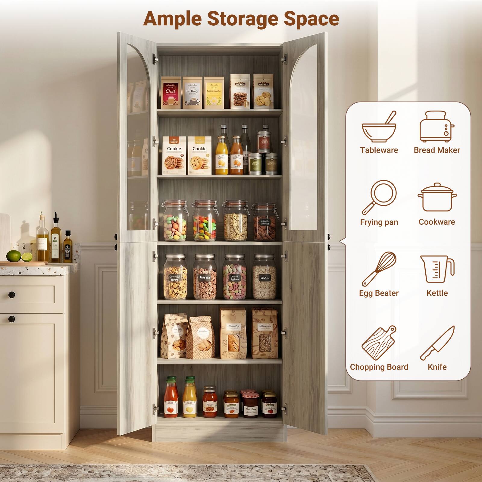 Ample Storage Space

- Tableware
- Bread Maker
- Frying pan
- Cookware
- Egg Beater
- Kettle
- Chopping Board
- Knife
