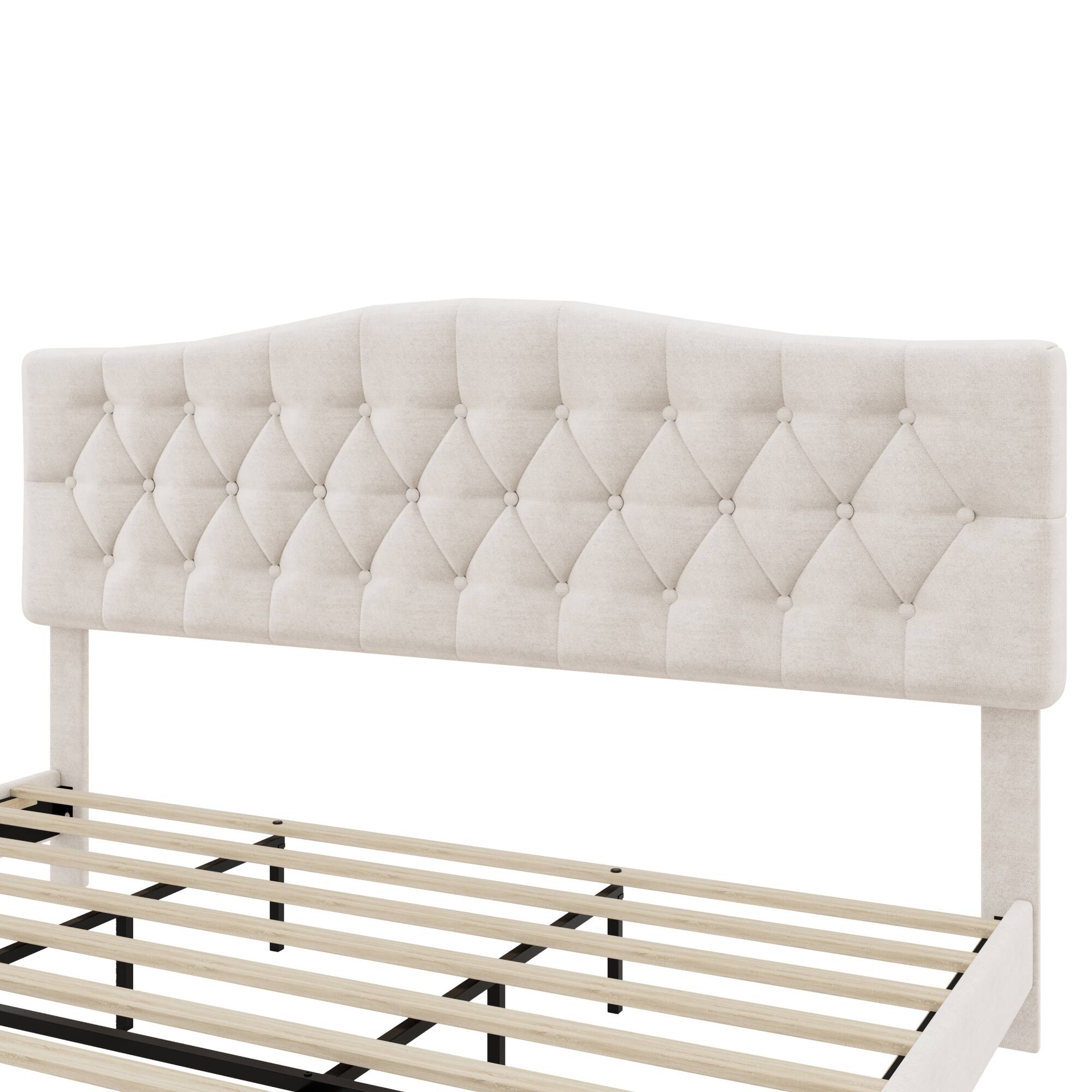 Alt View 1. GOODSILO - Luxury Upholstered Platform Bed with Adjustable Headboard and Diamond Tufted Details - Beige.