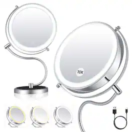 Sugift - 9-Inch Rechargeable LED Vanity Mirror with 1X/10X Magnification and 3 Light Settings