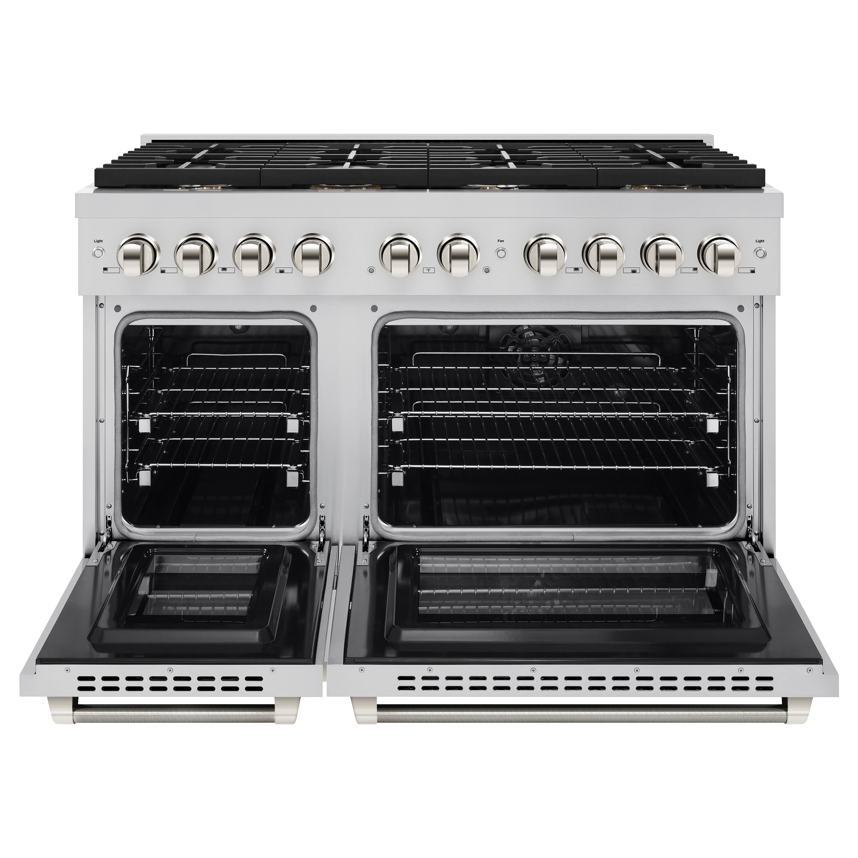 Angle. ZLINE - ZLINE Autograph 48 in. 6.7 cu. ft. Freestanding Paramount Dual Fuel Range in Stainless Steel with Nickel Helix Handles - Stainless Steel.