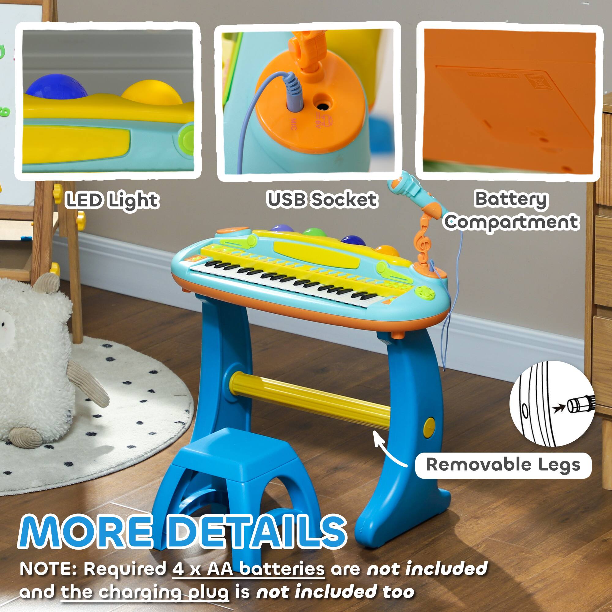 - LED Light
- USB Socket
- Battery Compartment
- Removable Legs

MORE DETAILS
NOTE: Required 4 x AA batteries are not included and the charging plug is not included too