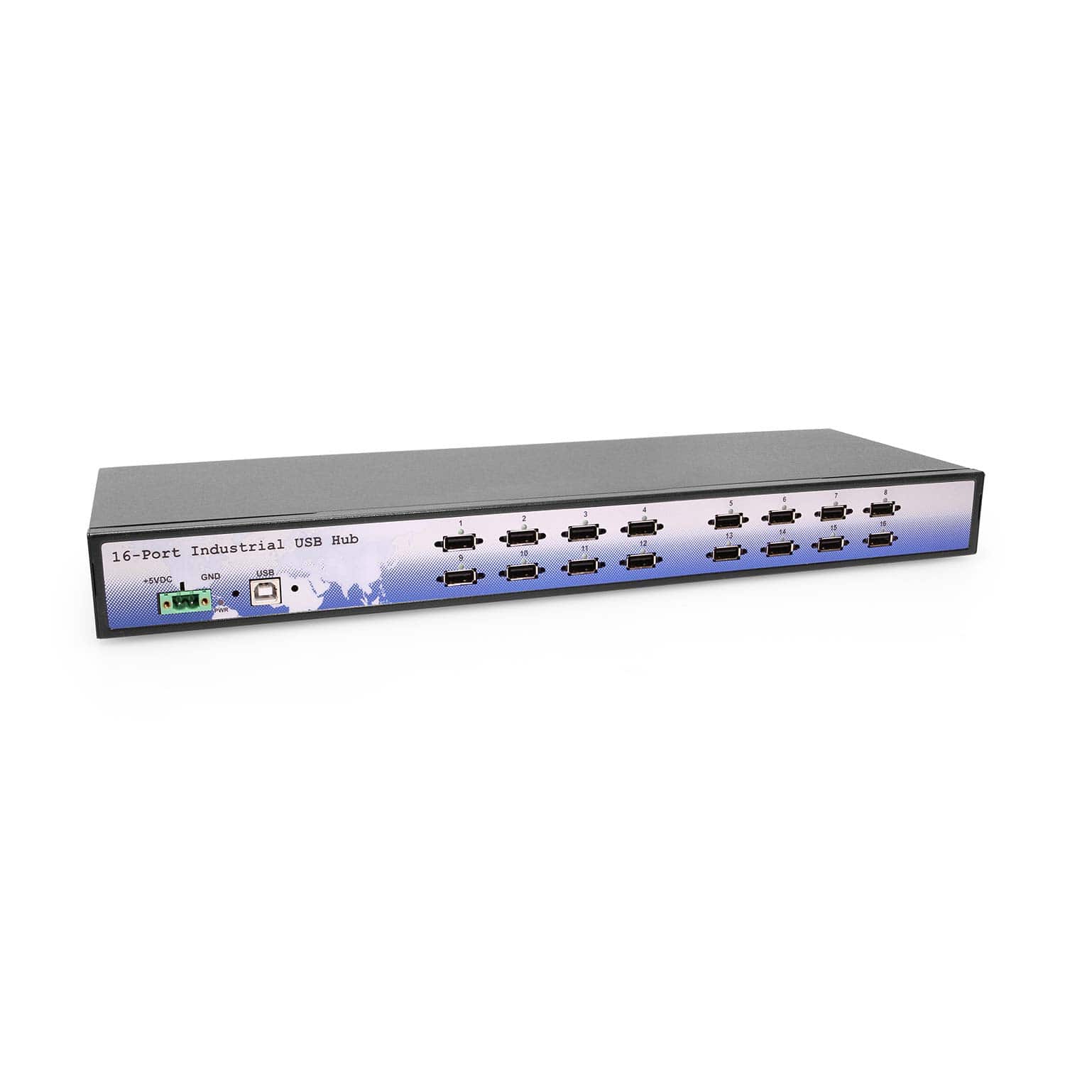 USBGear - 16-Port USB Hub - Industrial USB Type-A Rack Mount Ready Hub - Internal Power Supply - Surge Protection - 480Mbps - LEDs - Black