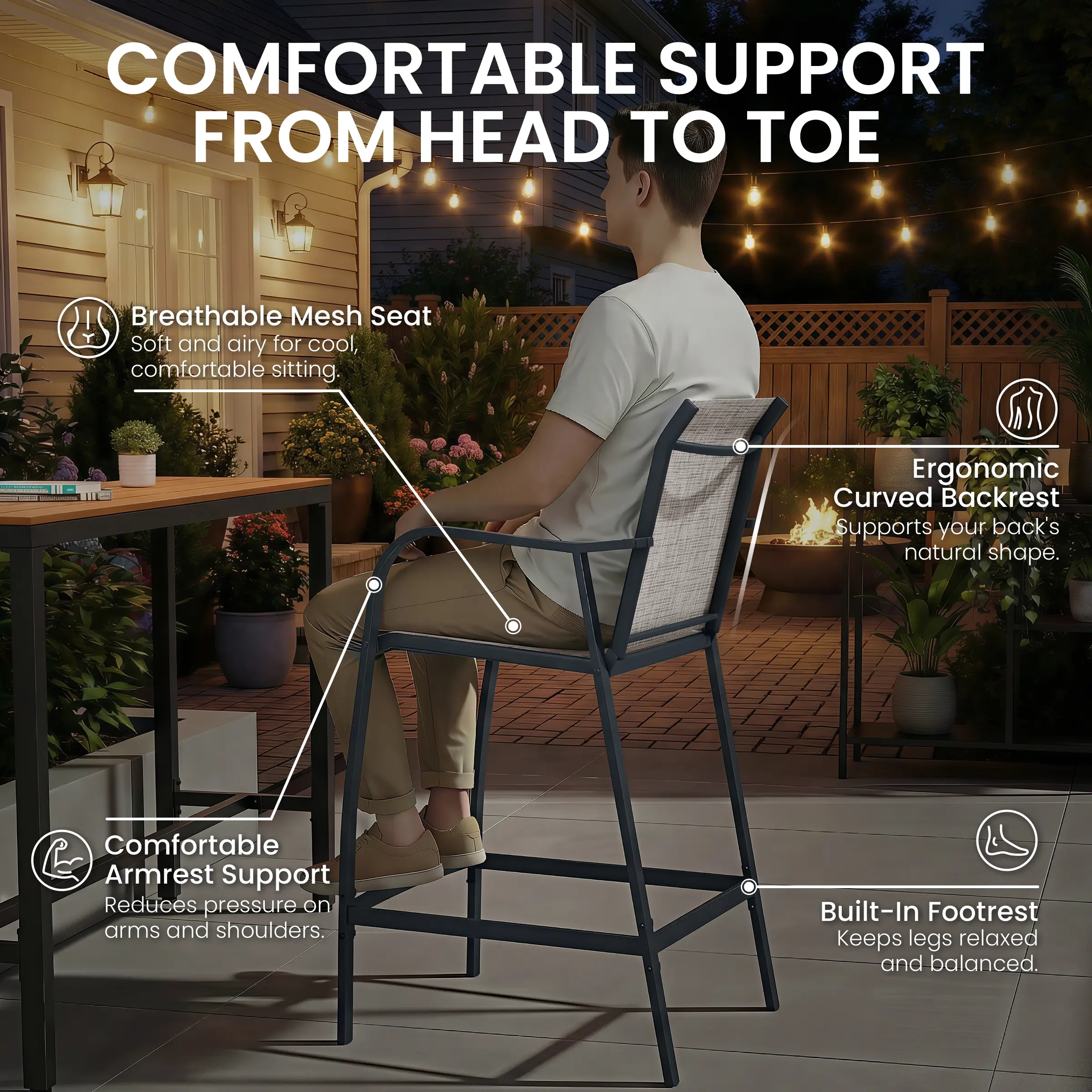 COMFORTABLE SUPPORT FROM HEAD TO TOE

Breathable Mesh Seat
Soft and airy for cool, comfortable sitting.

Ergonomic Curved Backrest
Supports your back's natural shape.

Comfortable Armrest Support
Reduces pressure on arms and shoulders.

Built-In Footrest
Keeps legs relaxed and balanced.