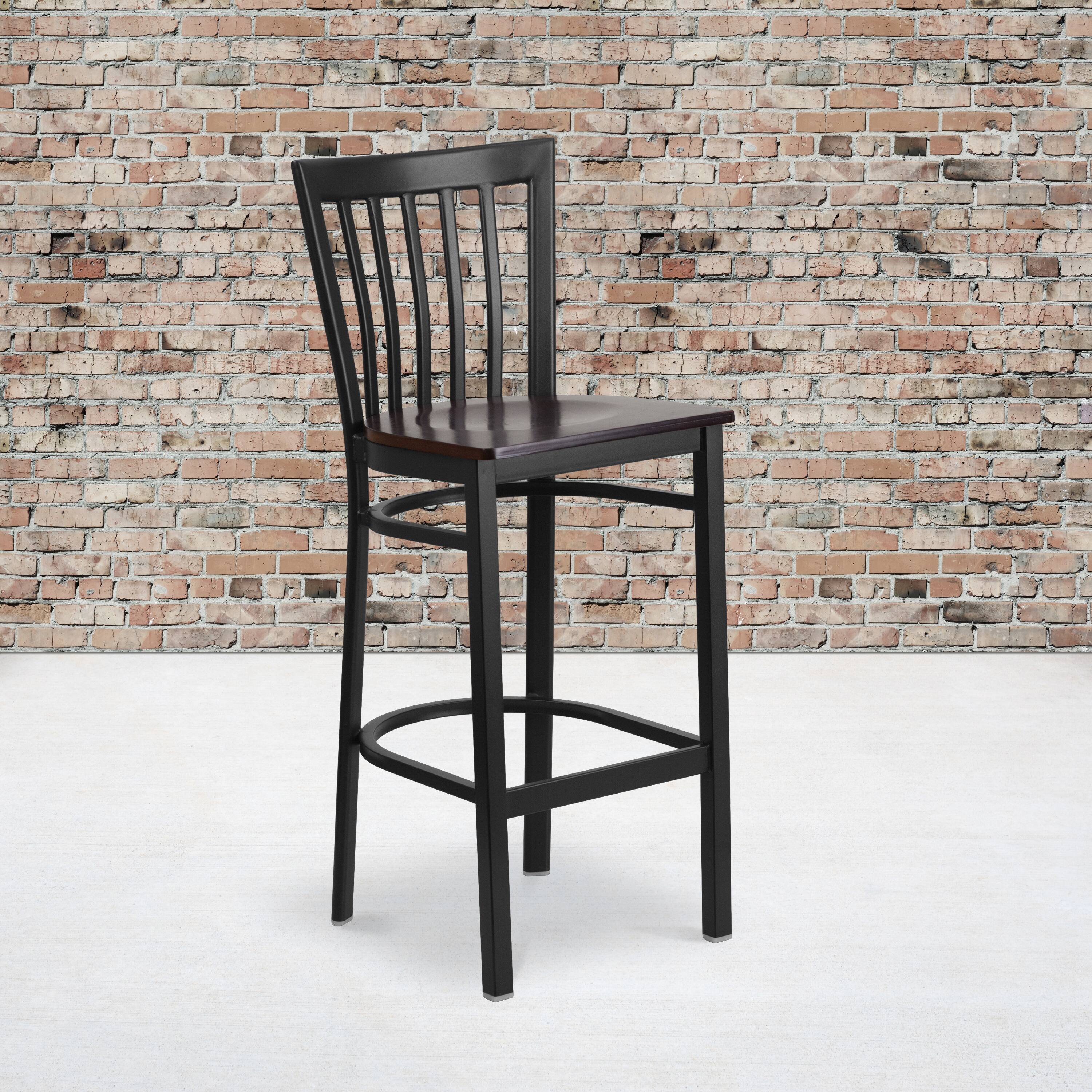 Alt View 2. Emma + Oliver - 2 Pack School House Back Metal Restaurant Barstool - Walnut Wood Seat/Black Metal Frame.