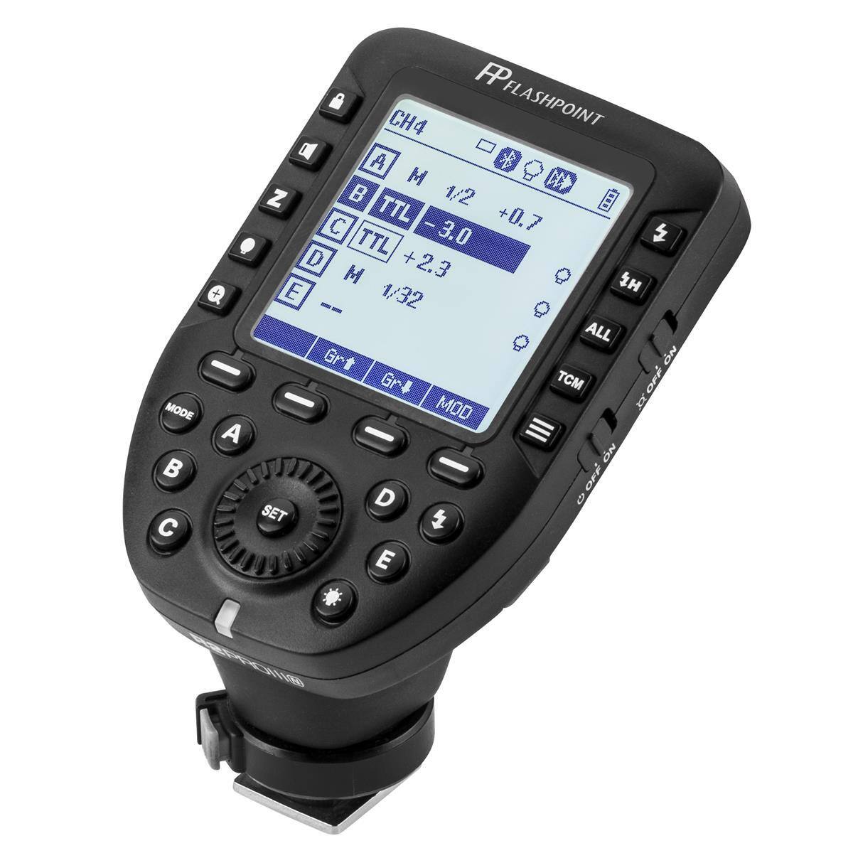 FP FLASHPOINT  
CH4  
A M  
B TTL  
C TTL +0.7  
D M +2.3  
E 1/32  
Gr+ Gr-  
TCM OFF  
MODE MOD  
ALL ON  
SET