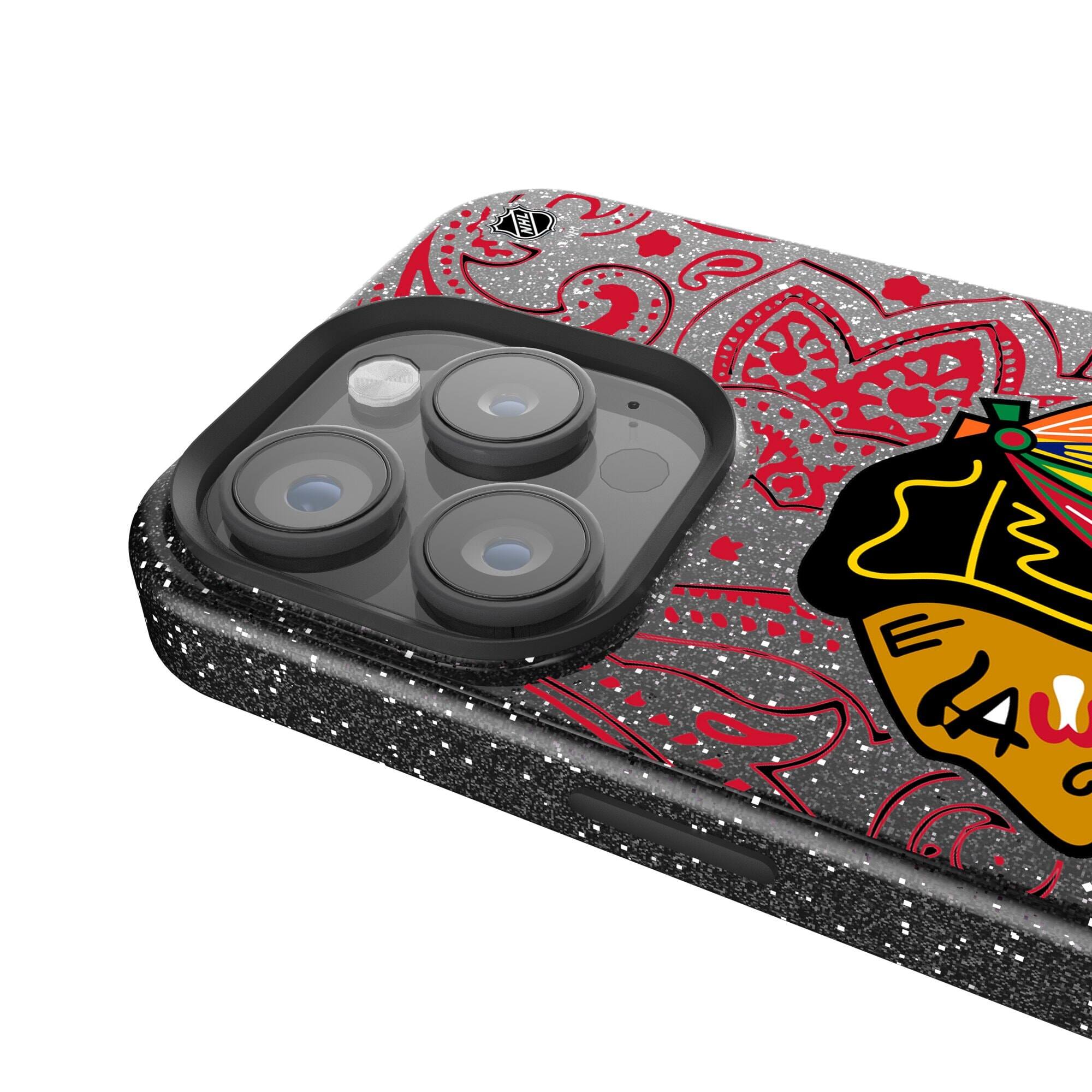 Alt View 3. Keyscaper - Black Chicago Blackhawks Paisley Bling iPhone Case - 14 Pro Max - Black.