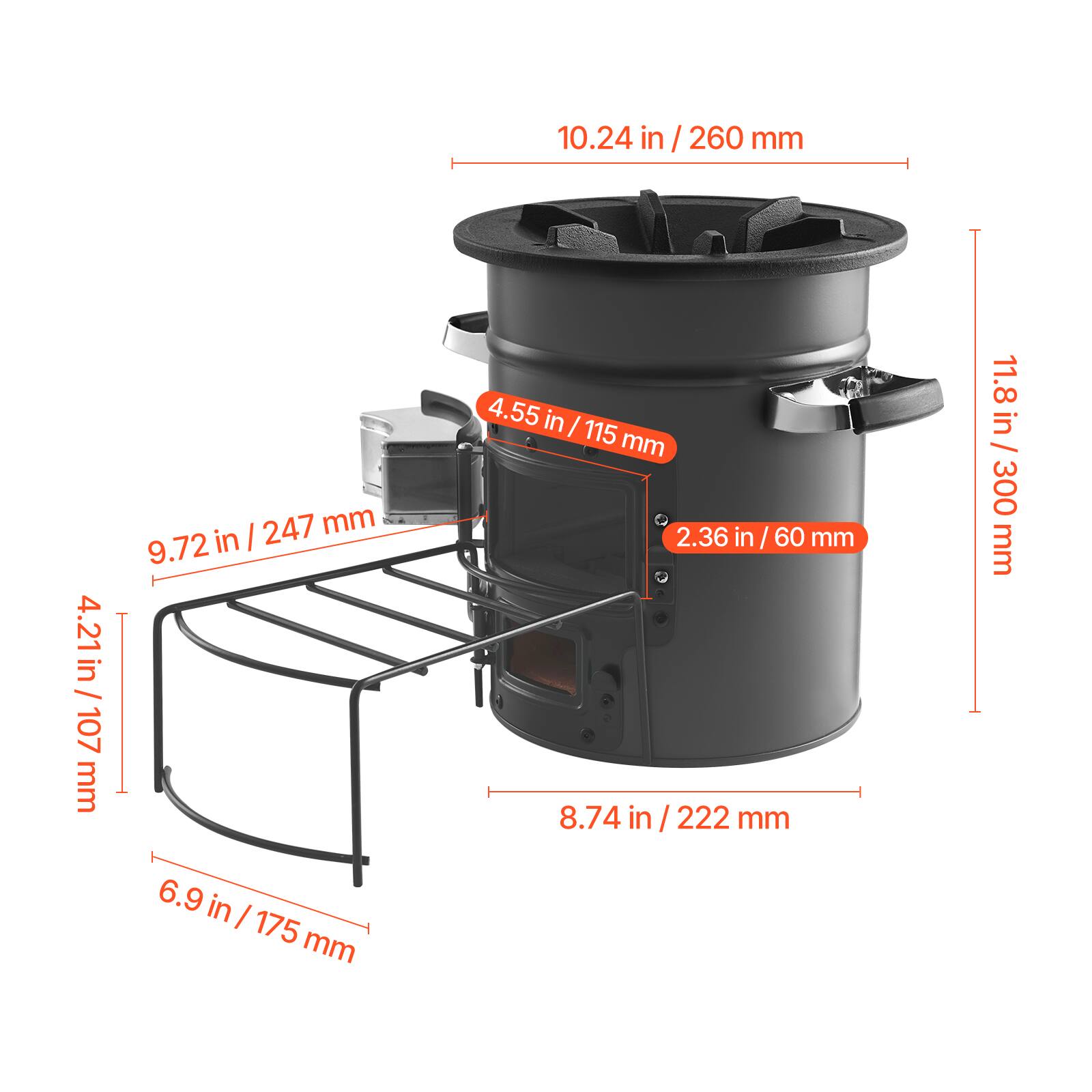 10.24 in / 260 mm  
4.21 in / 107 mm  
9.72 in / 247 mm  
4.55 in / 115 mm  
2.36 in / 60 mm  
8.74 in / 222 mm  
6.9 in / 175 mm  
11.8 in / 300 mm