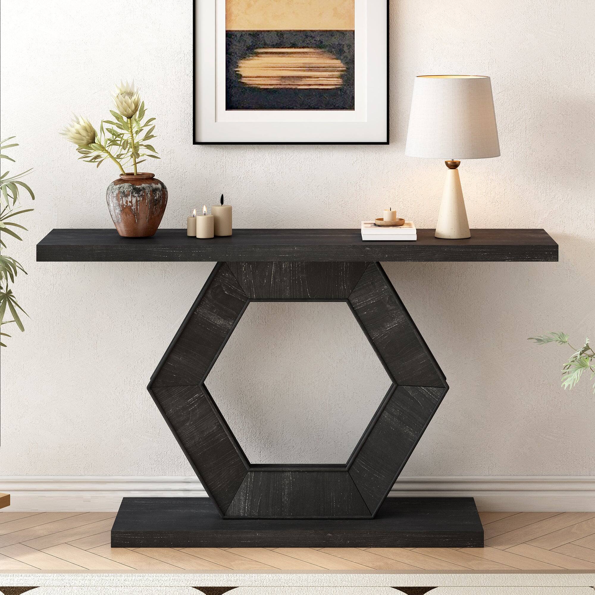 Alt View 1. Boyel Living - Modern Hexagon Entryway Table with Hollow Hexagon Leg Structure and Wood Finish in Black - Black.