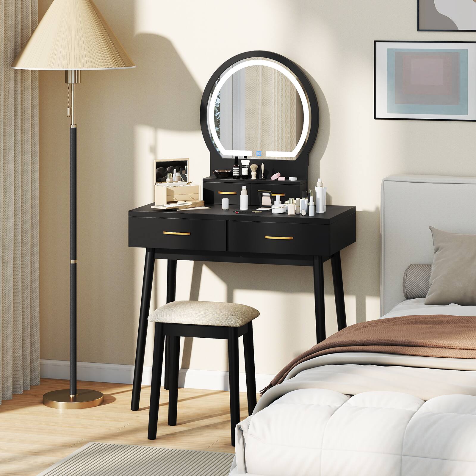 Alt View 3. Gymax - Gymax Small Vanity Desk w/Mirror & Lights Cushioned Stool 3 Adjustable Lighting Colors Black - Black.