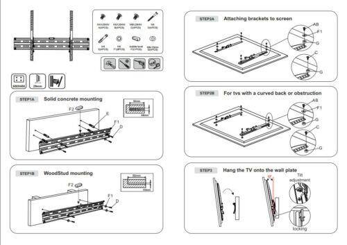 Sure, here is the corrected and grouped text from the image:

---

**STEP 1A: Attaching brackets to screen**

- AB
- F1
- G
- C

**STEP 1B: Solid concrete mounting**

- F2
- E
- F1
- D

**STEP 1C: For TVs with a curved back or obstruction**

- AB
- F1
- G
- C

**STEP 2A: WoodStud mounting**

- F2
- F1
- G

**STEP 3: Hang the TV onto the wall plate**

- T1
- adjustment
- locking

---