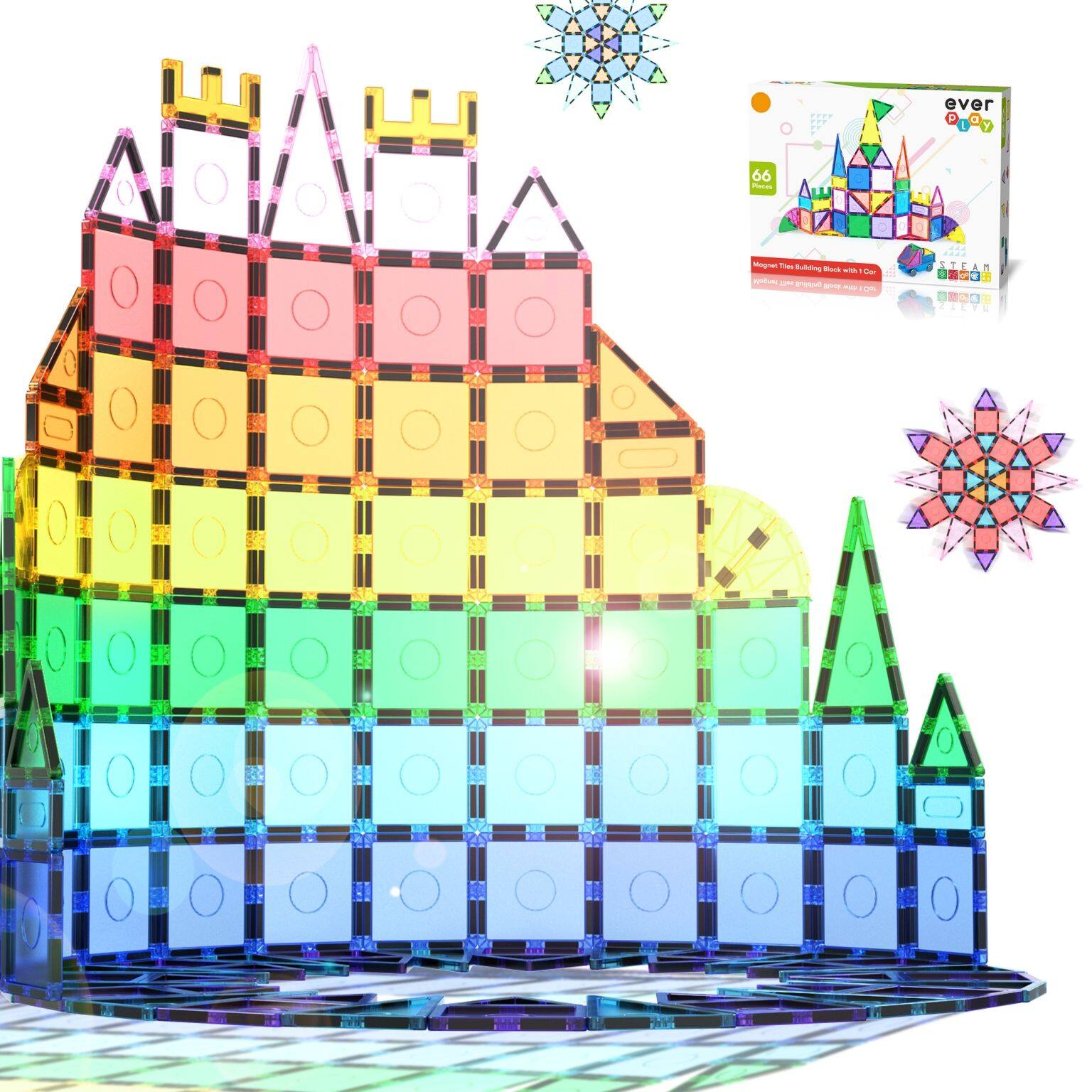 Everplay - Everyplay Magnetic Tiles For Kids, 66PCS Construction STEM Building Blocks Educational Toy - Multicolor