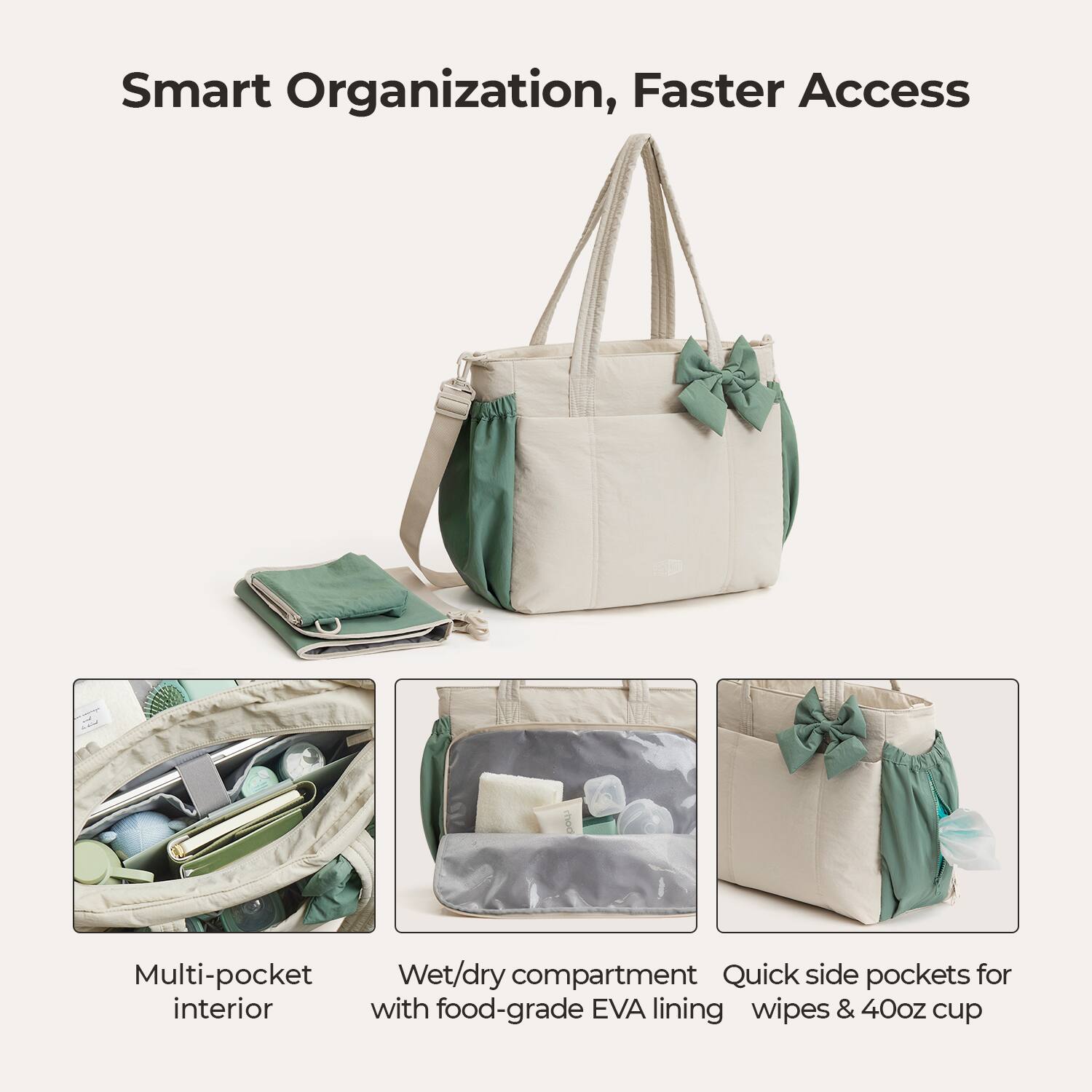 Smart Organization, Faster Access

Multi-pocket interior

Wet/dry compartment with food-grade EVA lining

Quick side pockets for wipes & 40oz cup