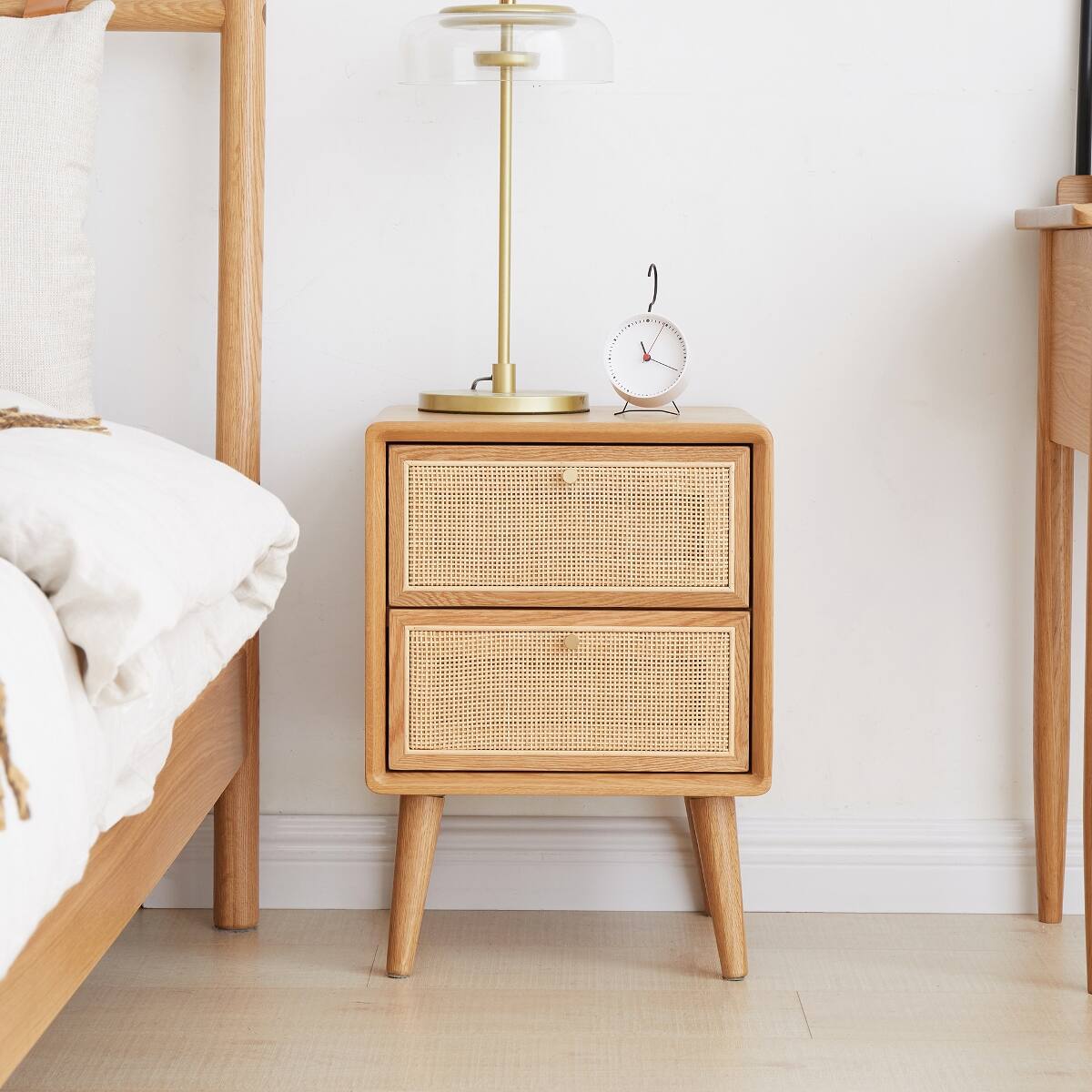 Angle. Loheer - Loheer Solid Oak Nightstand Natural Wood Bedside Cabinet with Rattan Drawer Fronts - Natural.