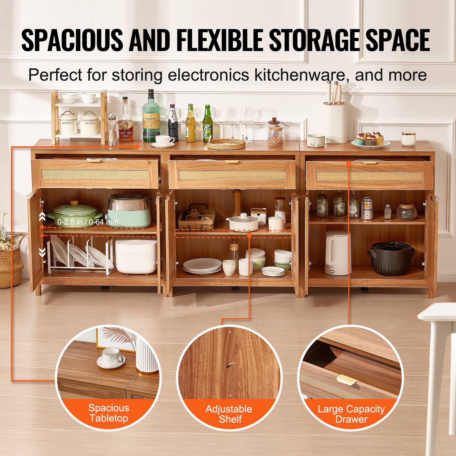 SPACIOUS AND FLEXIBLE STORAGE SPACE  
Perfect for storing electronics, kitchenware, and more  

- Spacious Tabletop  
- Adjustable Shelf  
- Large Capacity Drawer  

0-2.5 in / 0-64 mm