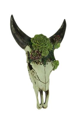 Zeckos - Aged Bull Skull with Succulent Plants Hanging Statue - White