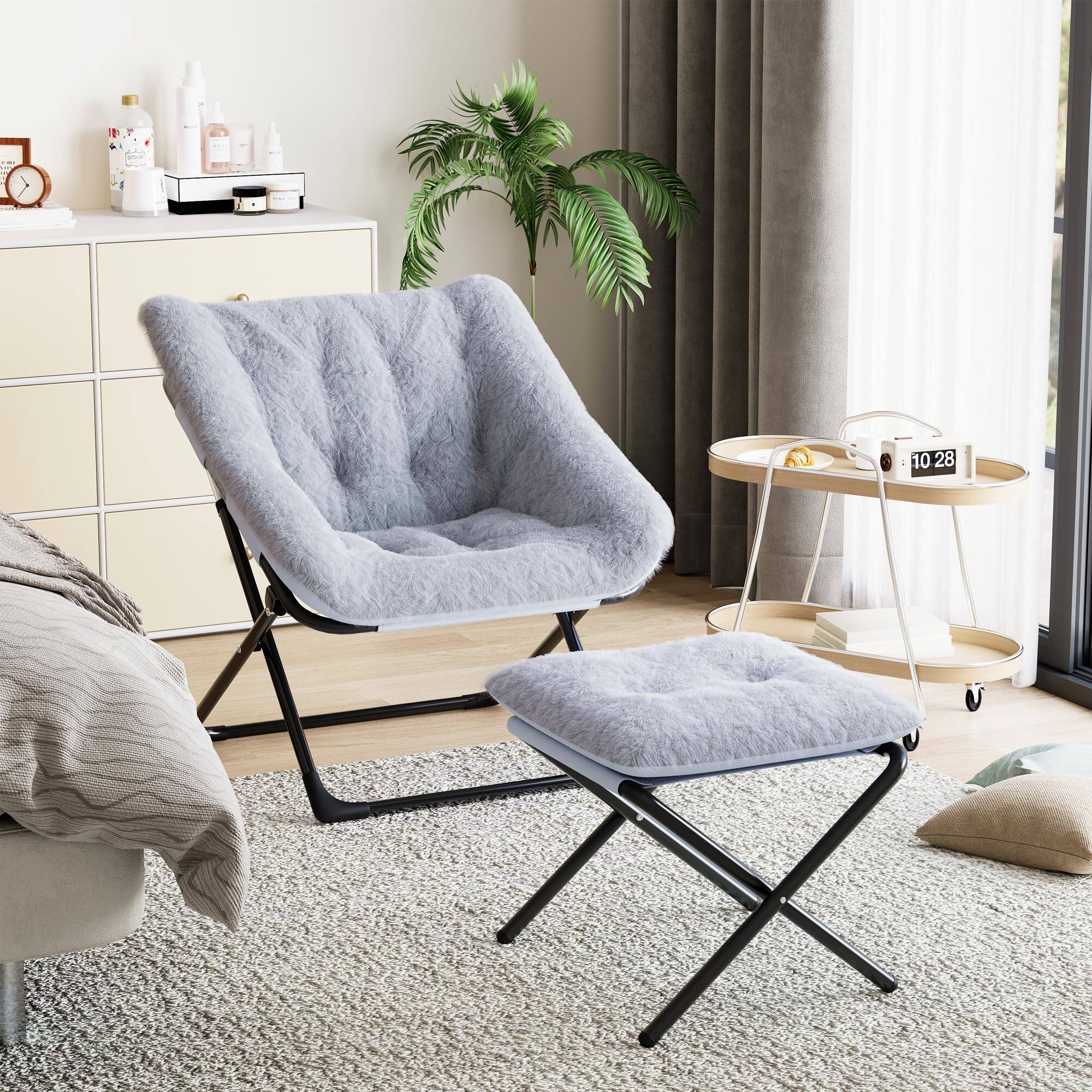 Angle. Jojoka - Folding Dish Saucer Chair with Ottoman, Oversized Faur Fur Lazy Sofa XL Foldable Lounge Comfy Accent Chair - Gray.