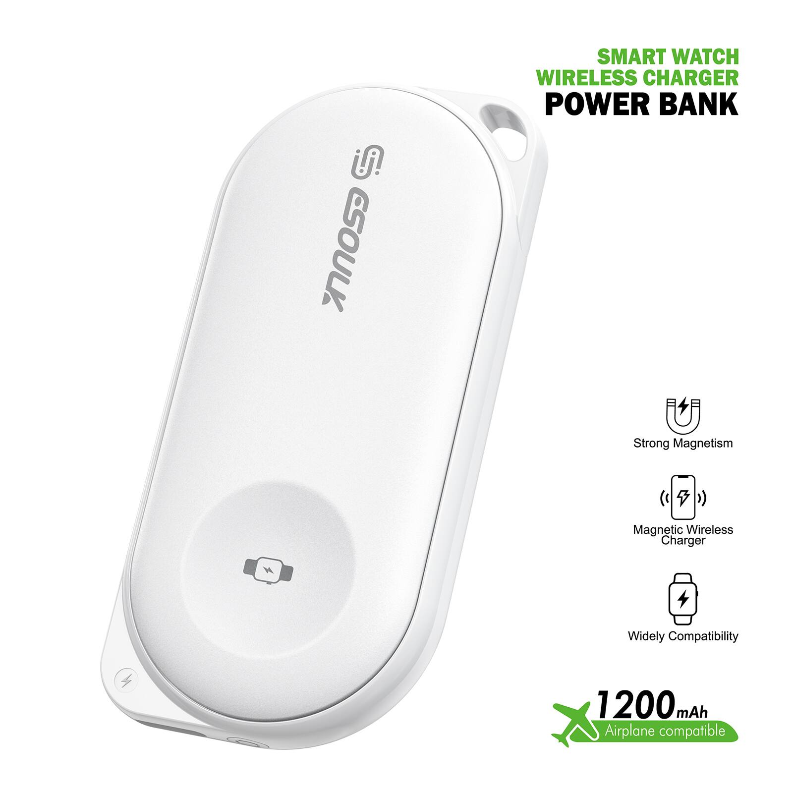 SMART WATCH  
WIRELESS CHARGER  
POWER BANK  

Strong Magnetism  
Magnetic Wireless Charger  
Widely Compatibility  

1200 mAh  
Airplane compatible