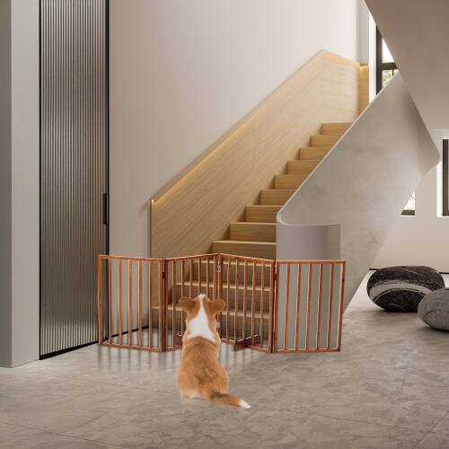 Alt View 10. Winado - Freestanding Pet Gate 24in Height Foldable, 4-Panel Wooden Barrier Fence with Support Feet for Stairs Hallways Doorways - Brown.