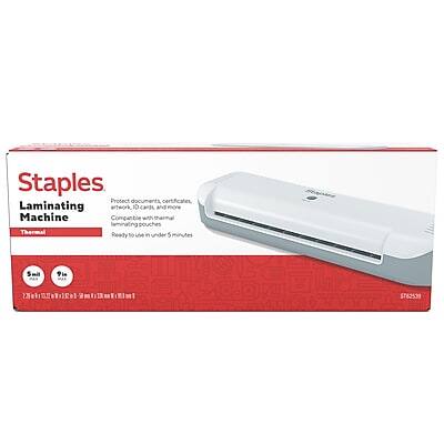 Staples Laminating Machine  
Protect documents, certificates, artwork, ID cards and more  
Compatible with thermal laminating pouches  
Ready to use in under 5 minutes  
Thermal  
Size: 9" x 12"  
$162.53