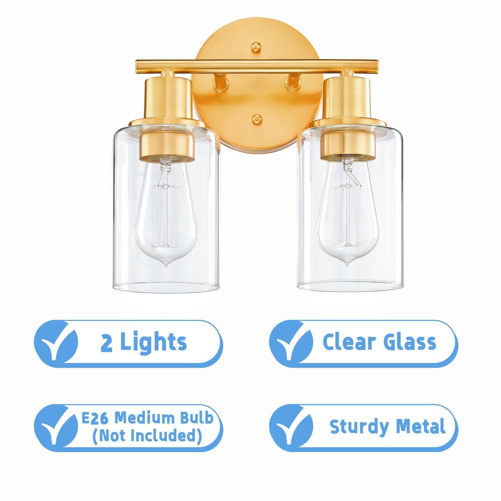 - 2 Lights
- Clear Glass
- E26 Medium Bulb (Not Included)
- Sturdy Metal