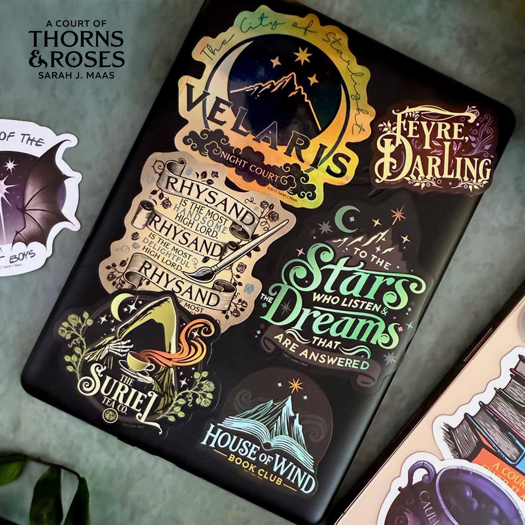 A Court of Thorns and Roses  
Sarah J. Maas  

VELARIS  
The Night Court  

RHYSSAND  
IS THE MOST HANDSOME  
HIGH LORD.  

RHYSSAND  
IS THE MOST  
DELIGHTFUL  
HIGH LORD.  

RHYSSAND  
IS THE MOST  
HIGH LORD.  

The Stars Who Listen & Are That Answered  

SURIEL  
TEA CO.  

House of Wind Book Club