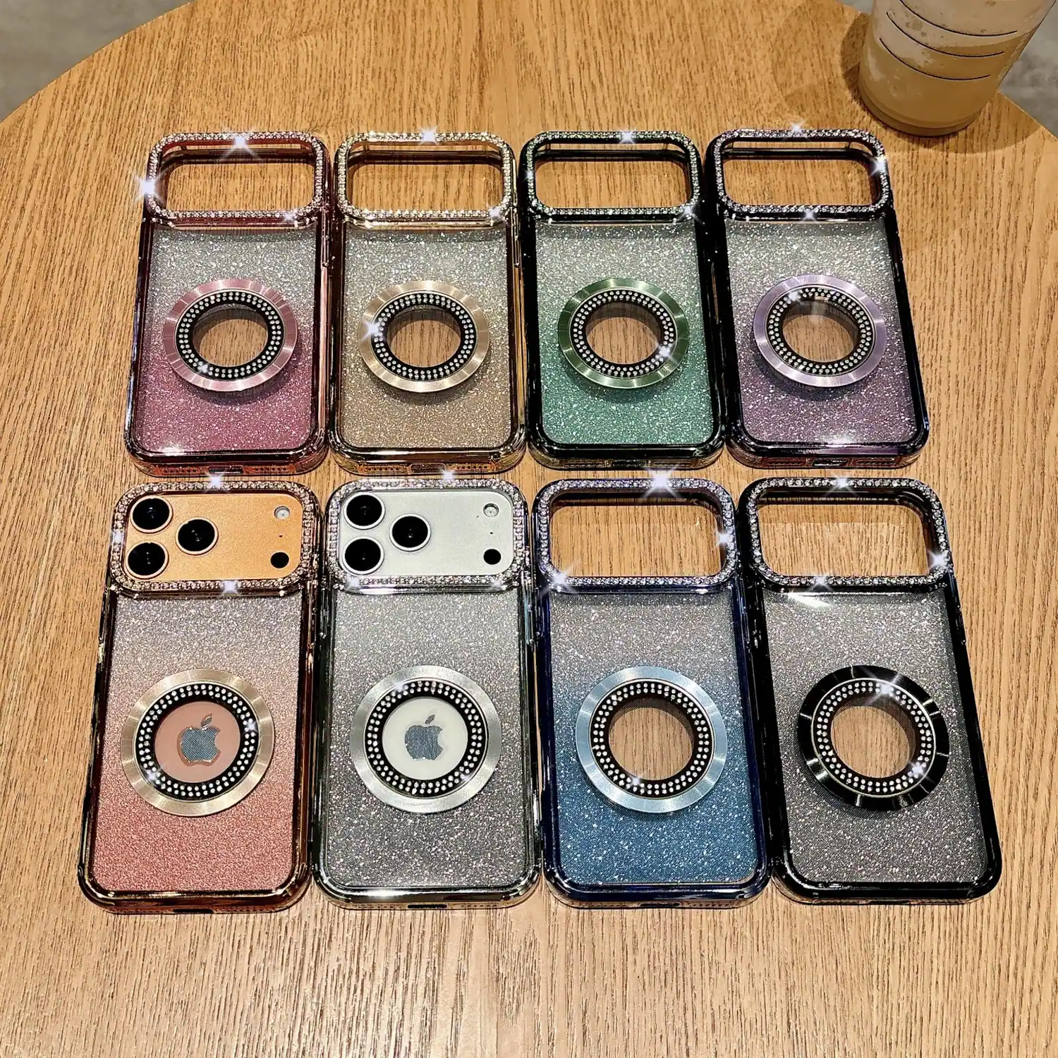 Alt View 4. Dteck - Glitter Gradient Phone Case for Apple iPhone 17 Pro with Diamond Camera Bezel, Magnetic Slim Shockproof Protective Cover - Orange.