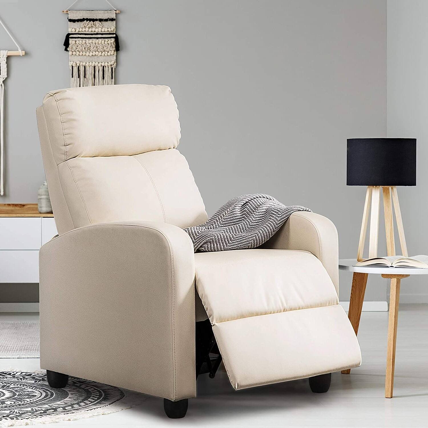 Angle. SlickBlue - Modern High-Density Faux Leather Recliner – Push Back Armchair for Bedroom or Office - Off White.