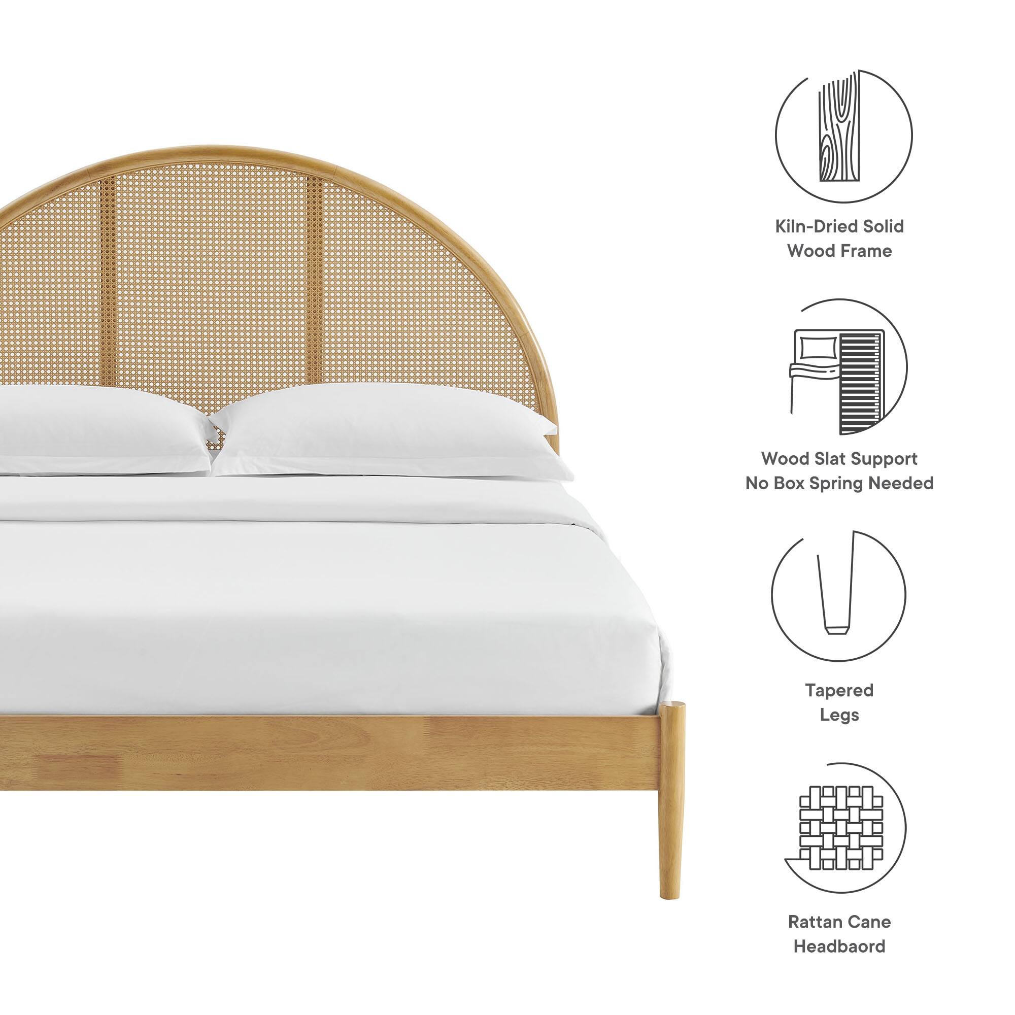 - Kiln-Dried Solid Wood Frame
- Wood Slat Support No Box Spring Needed
- Tapered Legs
- Rattan Cane Headboard