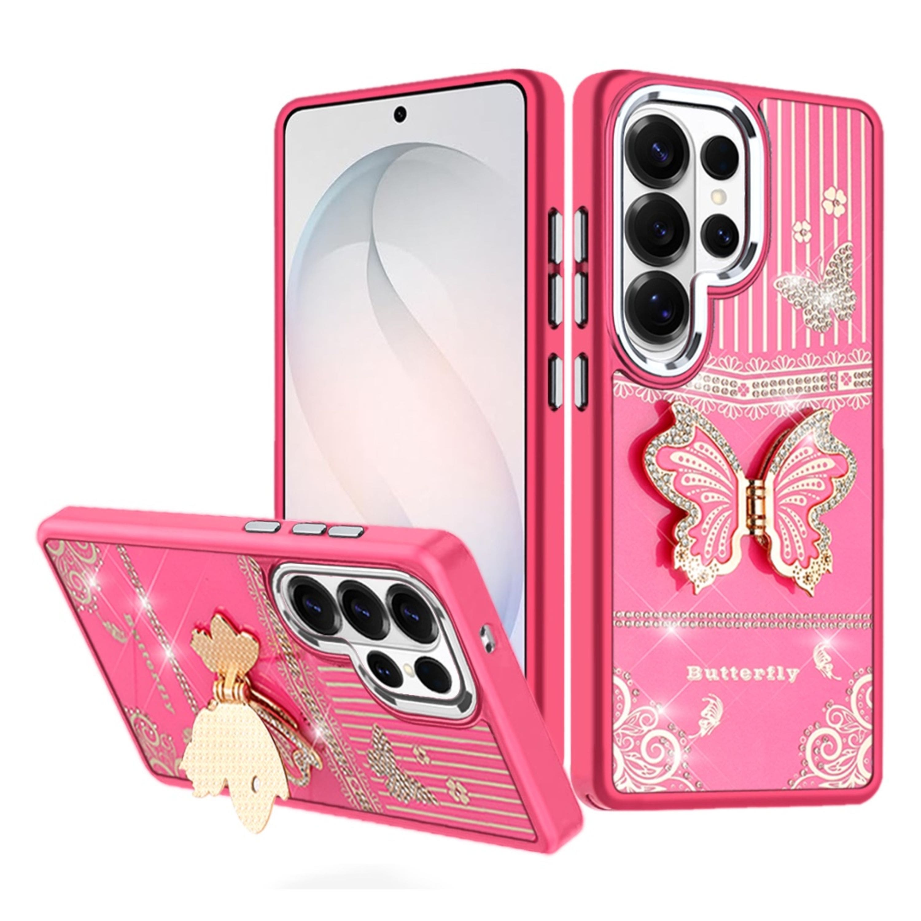 Kitcheniva - 3D Butterfly Bling Charm Stand Phone Case With Tempered Glass For Samsung Galaxy S26 Ultra - Hot Pink price history on PriceWatchPro