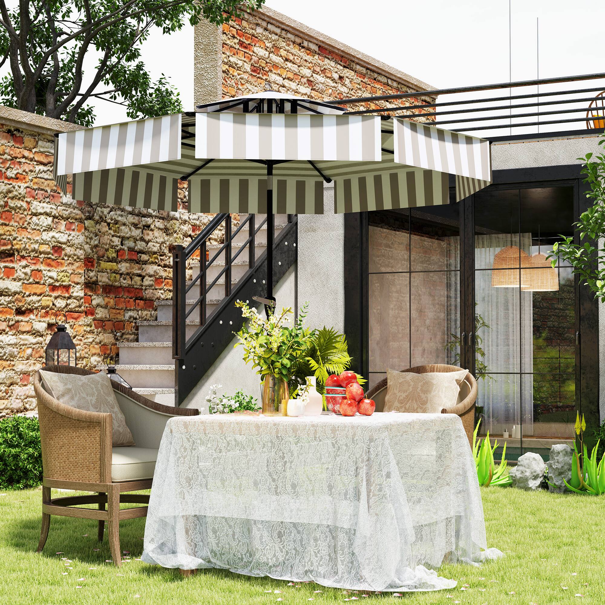 Angle. Outsunny - 8.6FT Patio Umbrella, UPF 30+ Outdoor Market Umbrella, 2-Tier Vented Patio Table Umbrella with Crank 8 Ribs - Light Gray.