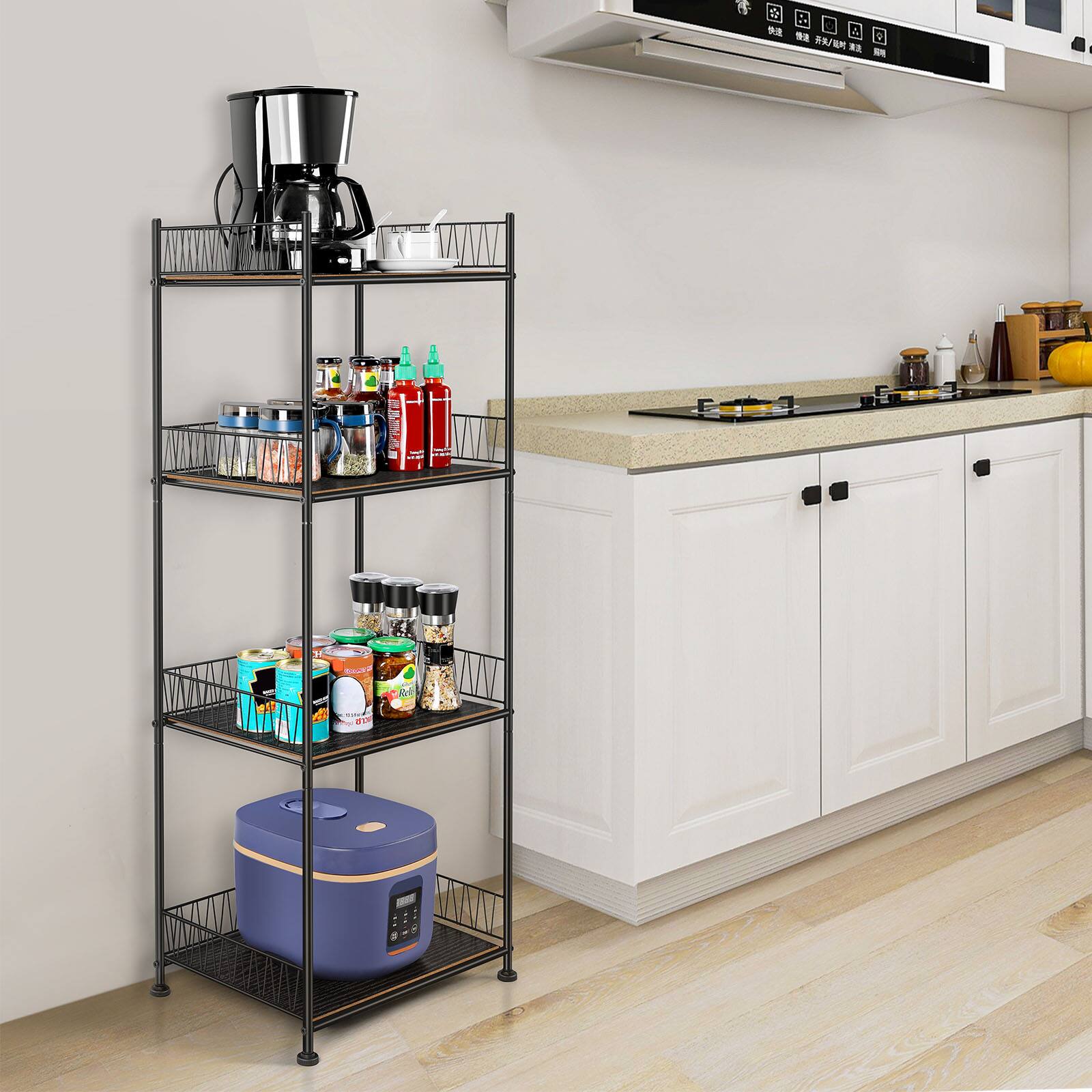 Back. Oumilen - 4-Tier Black Storage Shelf with Guard Rail, Wood Board Metal Wire Frame Narrow Vertical Organizer Rack - Black.