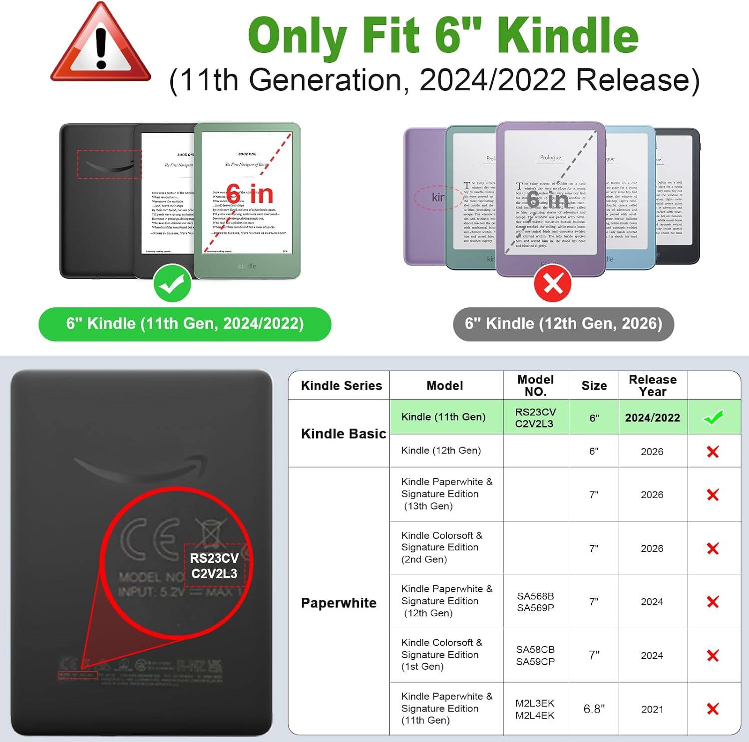 Only Fit 6" Kindle (11th Generation, 2024/2022 Release)

Prod
Prologue
6
kir
6-in
kir
X
dio
6" Kindle (11th Gen, 2024/2022)
Kindle (12th Gen, 2026)
Kindle Series
Model
Model NO.
Size
Release Year
Kindle (11th Gen) Kindle Basic Kindle (12th Gen)
RS23CV C2V2L3
6" 6"
2024/2022 2026
X
CEA RS23CV MODEL NO C2V2L3 INPUT: 5.2V
Kindle Paperwhite & Signature Edition (13th Gen) Kindle Colorsoft & Signature Edition (2nd Gen) Kindle Paperwhite & Paperwhite Signature Edition (12th Gen)
SA568B SA569P
7" 7" 7"
2026 2026 2024
Kindle Colorsoft & Signature Edition (1st Gen)
SA58CB SA59CP
7