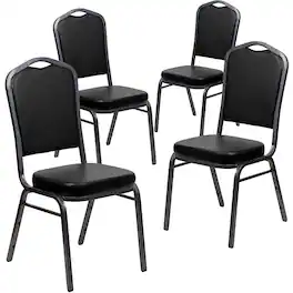 Emma + Oliver - 4 Pack Crown Back Stacking Banquet Chair - Black Vinyl/Silver Vein Frame