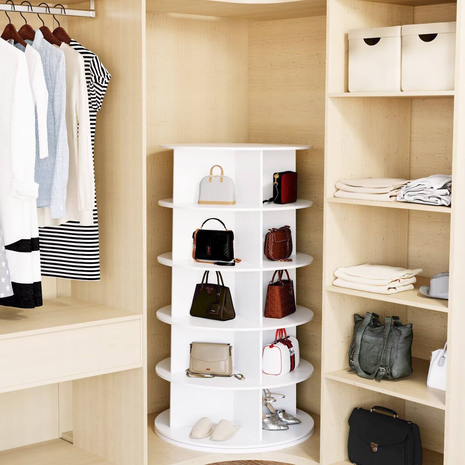 Angle. Tooloton - Rotating 5-Tier Shoe Rack Tower, 360-Degree Revolving Storage Carousel, Vertical Organizer, White - White.