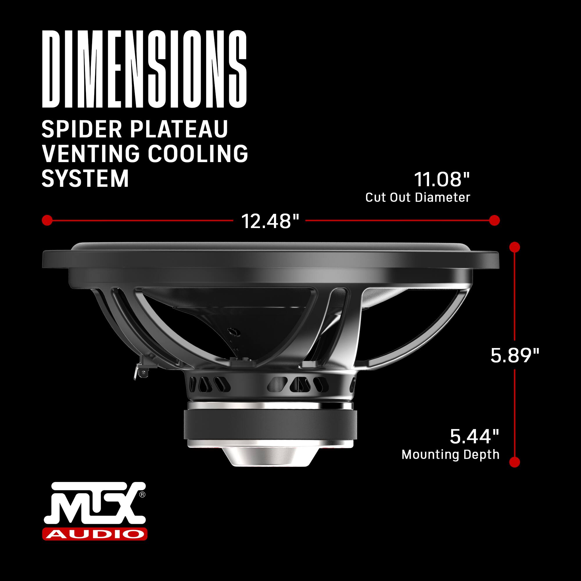 DIMENSIONS  
SPIDER PLATEAU VENTING COOLING SYSTEM  
12.48"  
11.08" Cut Out Diameter  
5.89"  
5.44" Mounting Depth  

MFX AUDIO