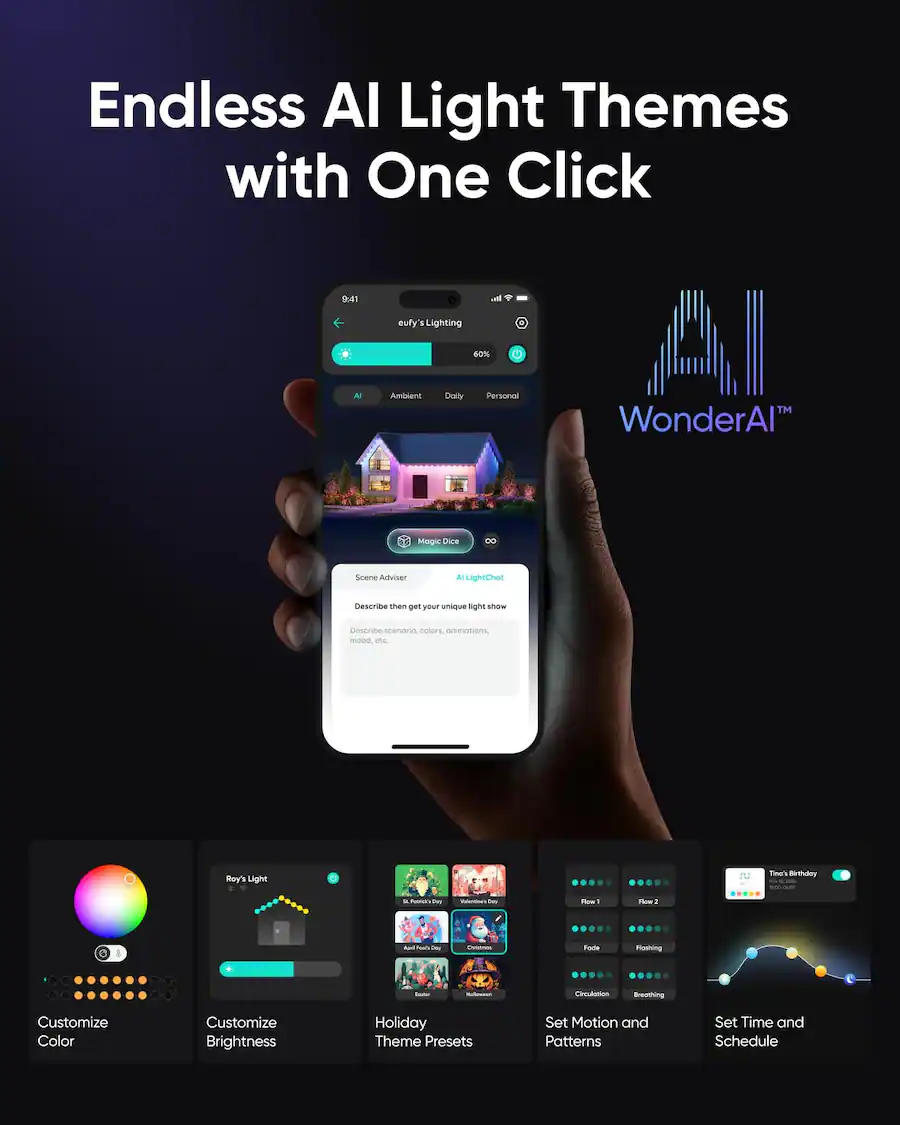 Eufy Permanent Outdoor Lights E22 – 100ft 60 Triple-LED Smart RGBWW Strip With AI Themes & Camera Link